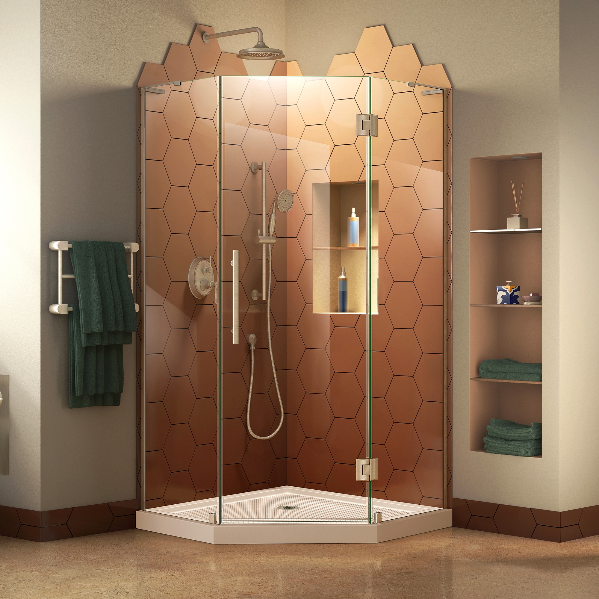 DreamLine DL-6062-22-04 Prism Plus 2 -Piece 40-in W x 40-in L x 75-in H Neo-angle Corner shower kit ( Corner Drain) Base and Door Included Brushed nickel Hardware Included
