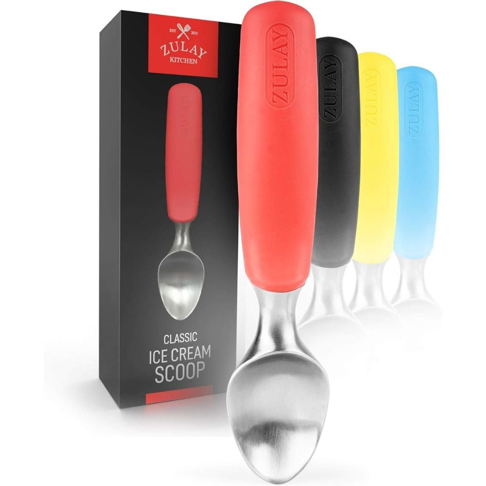 Zulay Kitchen Heavy Duty Stainless Steel Ice Cream Scoop with Non Slip Rubber Grip Durable Ice Cream Scooper for Frozen Ice Cream Gelato and Desserts