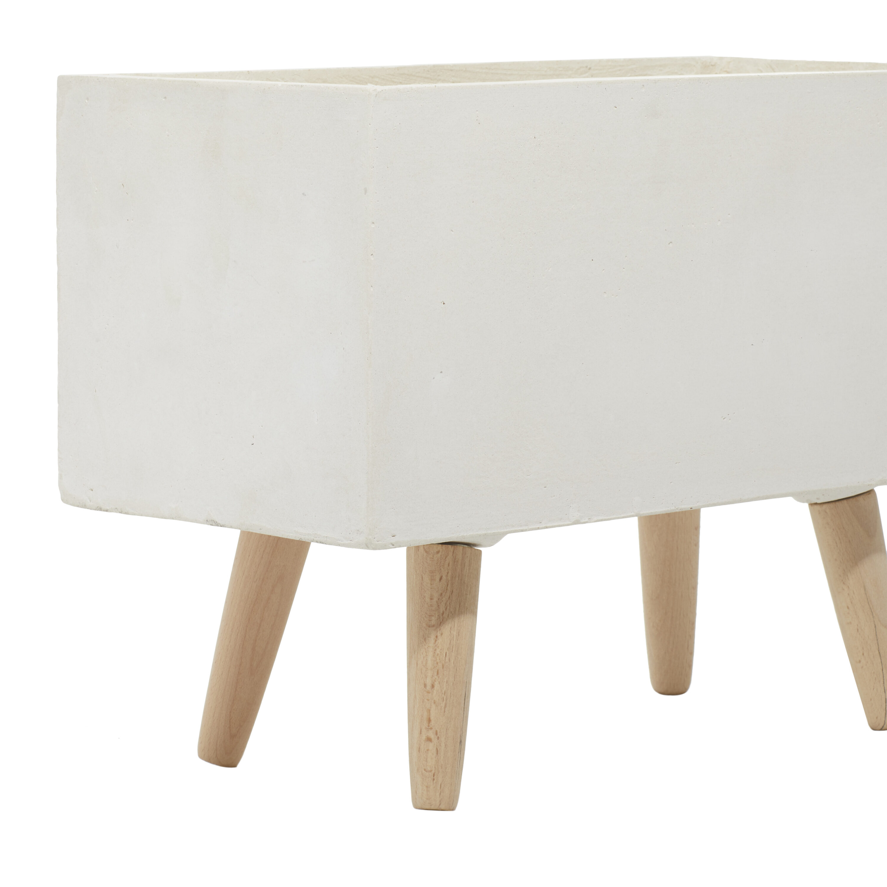 White Fiber Clay Rectangular Planters with Wood Legs, Set of 2