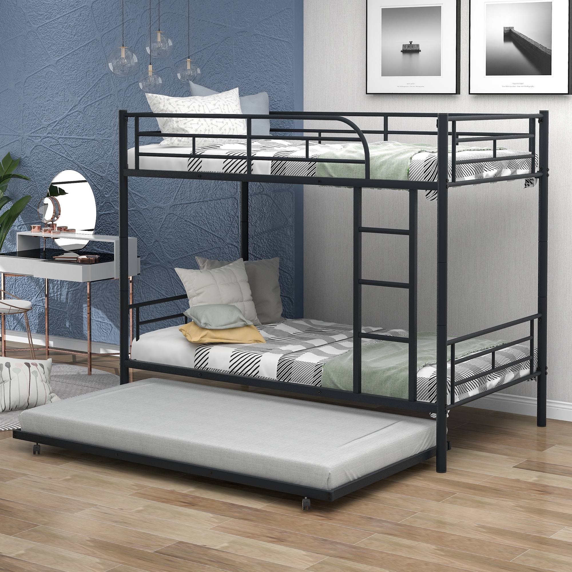 ModernLuxe MF291667AAB TwinOverTwin Metal Bunk Bed With TrundleCan be Divided into two bedsNo Box Spring needed Black