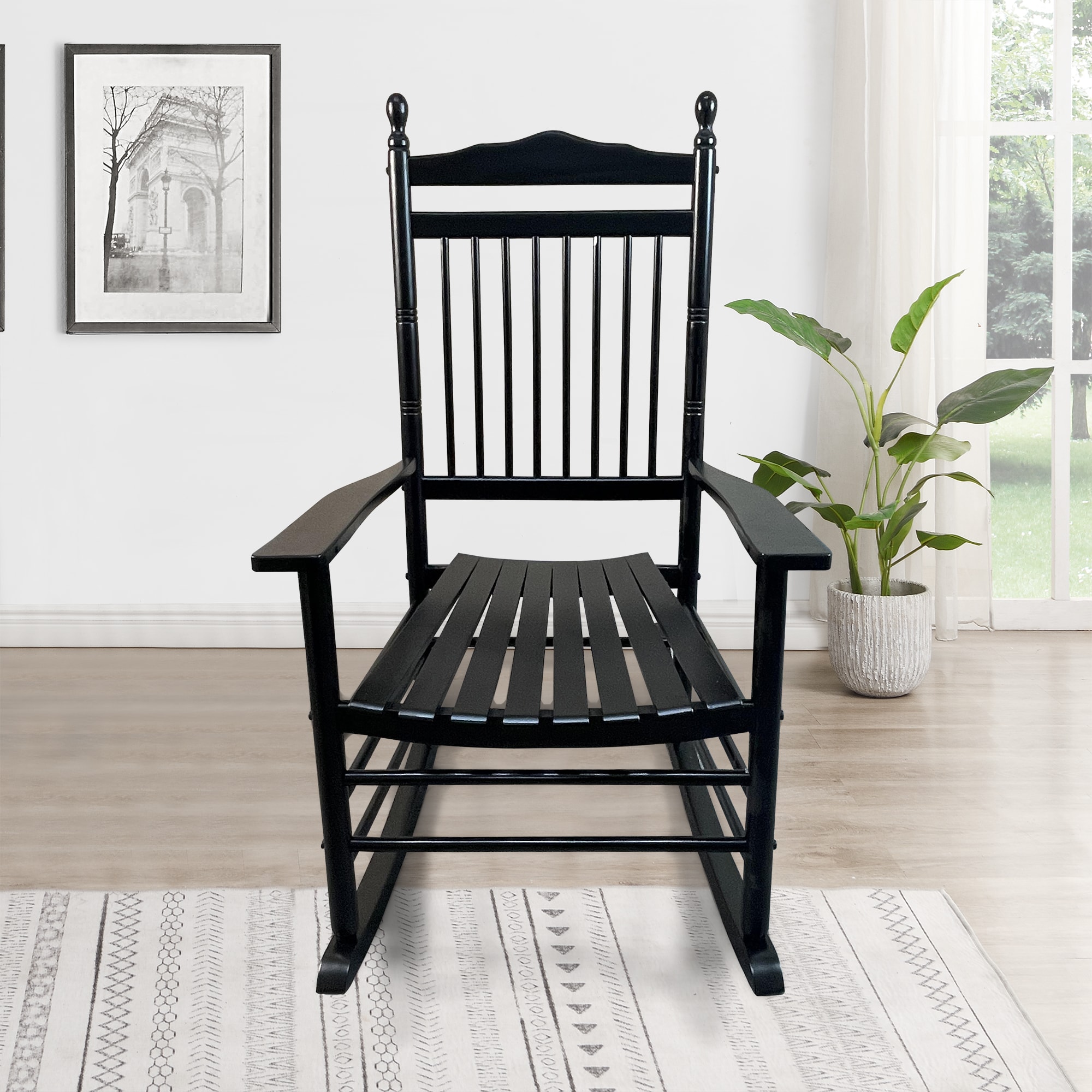 CESICIA W225-OPS-132 Patio Chairs Black Wood Frame Stationary Rocking Chair with Solid Seat