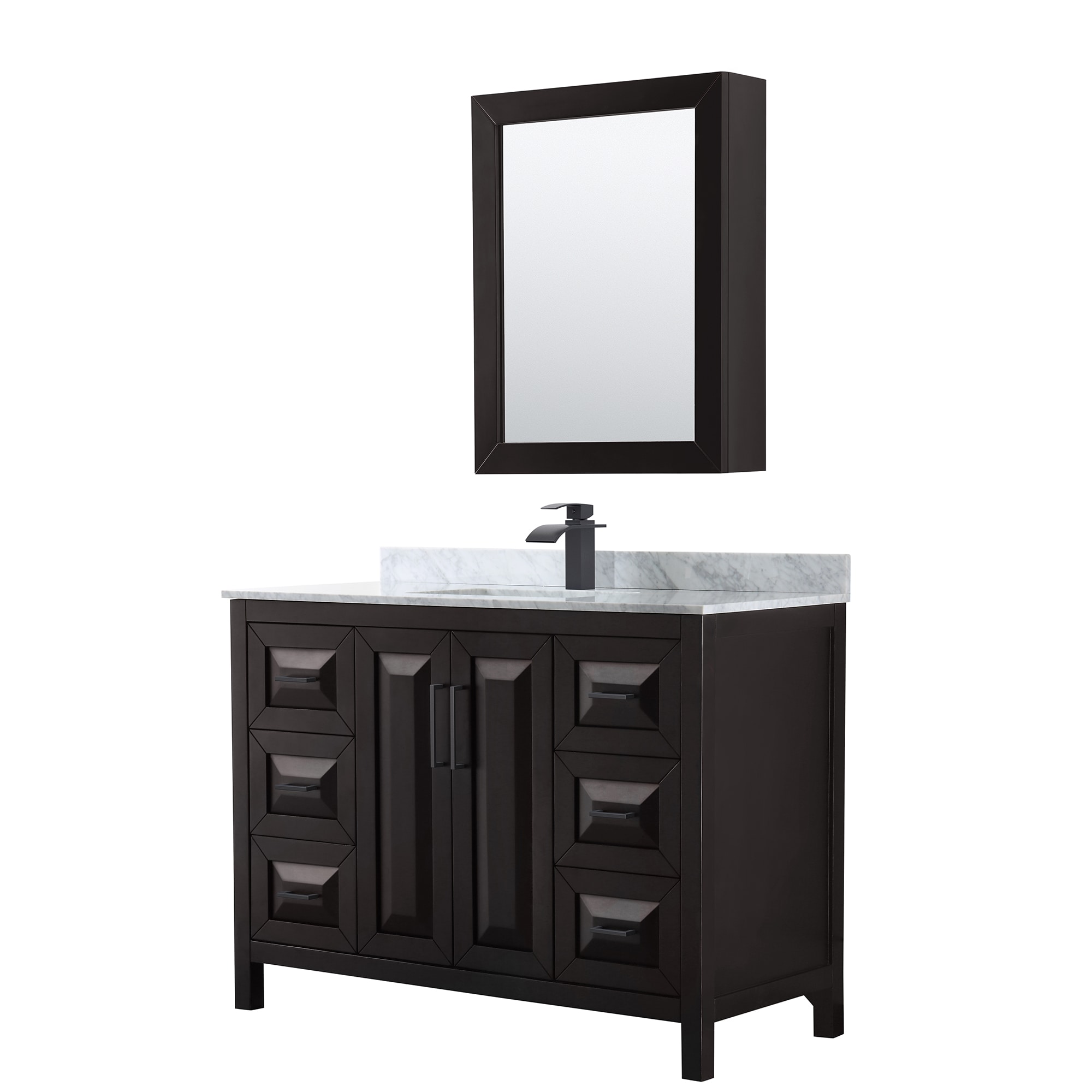 Wyndham Collection WCV252548SEBCMUNSMED Daria 48-in Dark Espresso with Matte Black Trim Undermount Single Sink Bathroom Vanity with White Carrara Marble Natural Marble Top