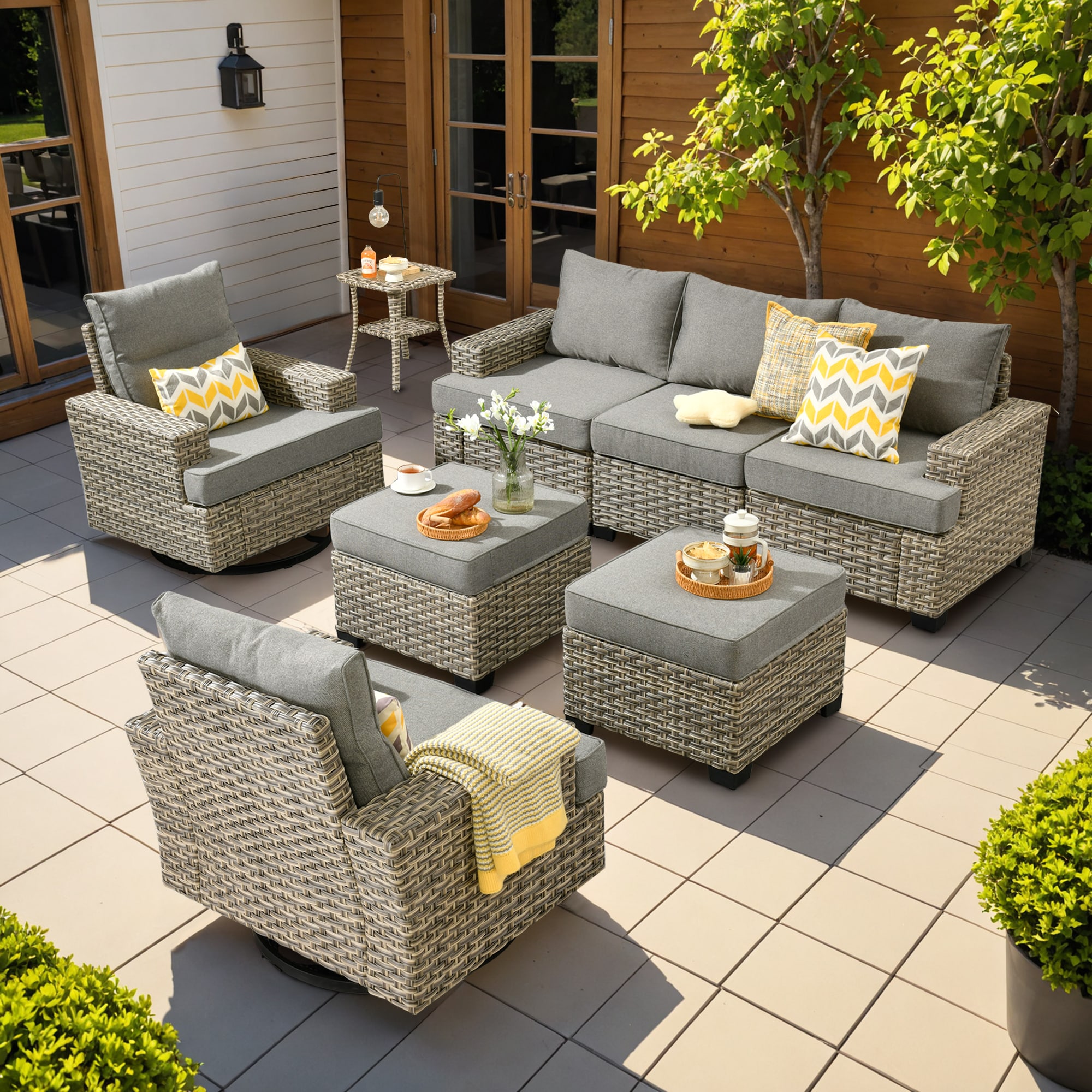 Ovios TS208Y 8 -Piece Wicker Patio Sofa Conversation Set with Dark Gray Cushions