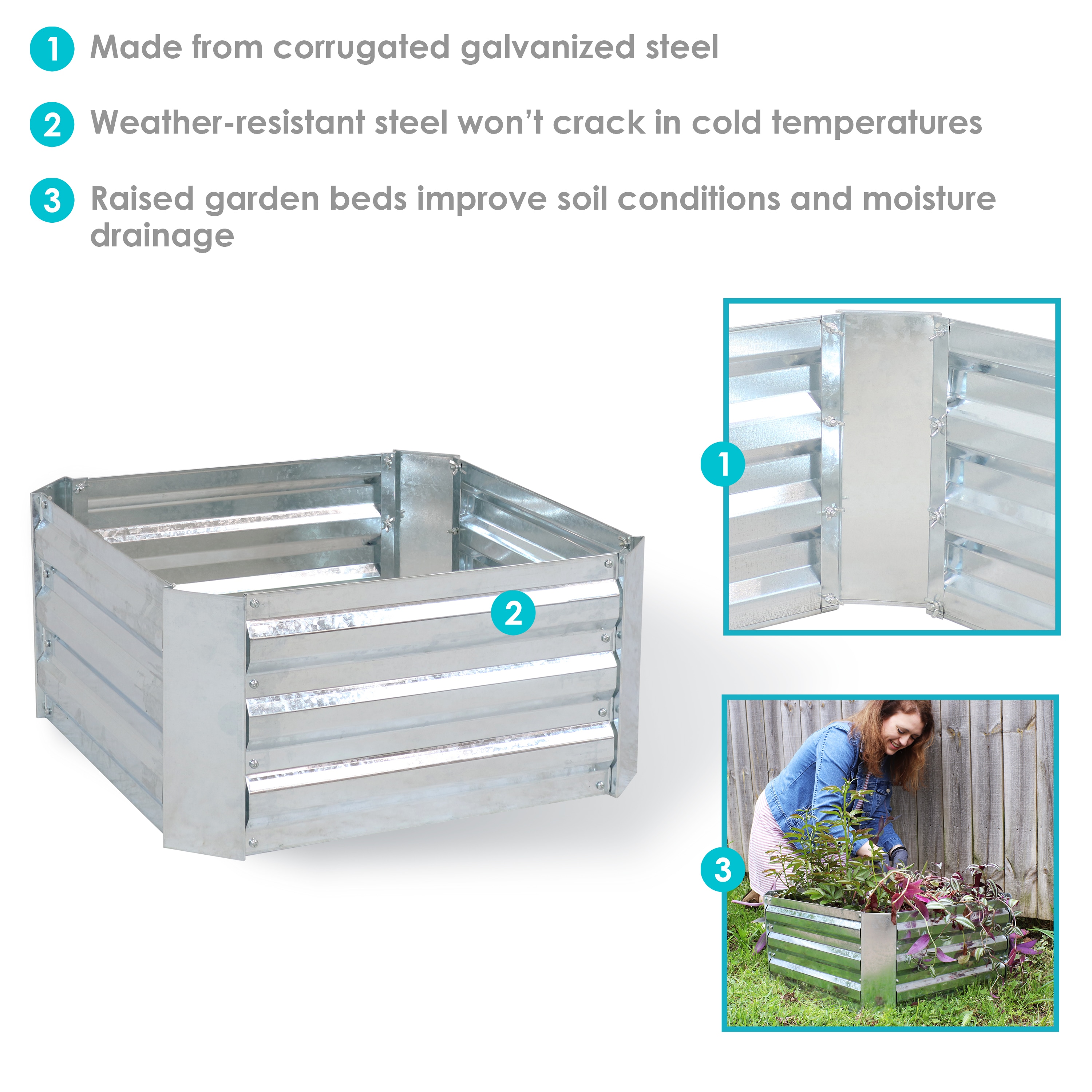 24" Square Galvanized Steel Raised Garden Bed in Silver