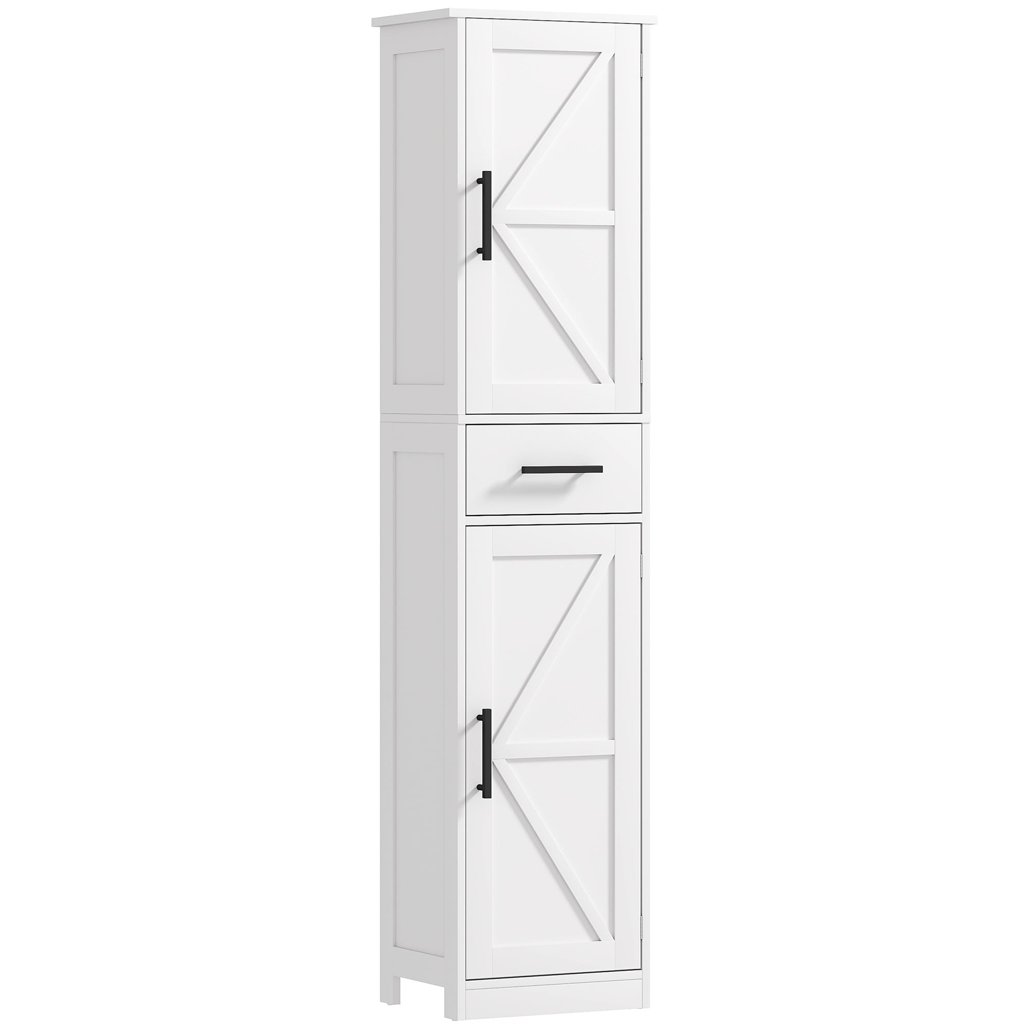 MOEPISY Rustic Farmhouse Washroom Linen Organizer Vertical Tall Floor Cupboard With Slide Out Bin Barn Style Panels And Customizable Inner Racks White Finish