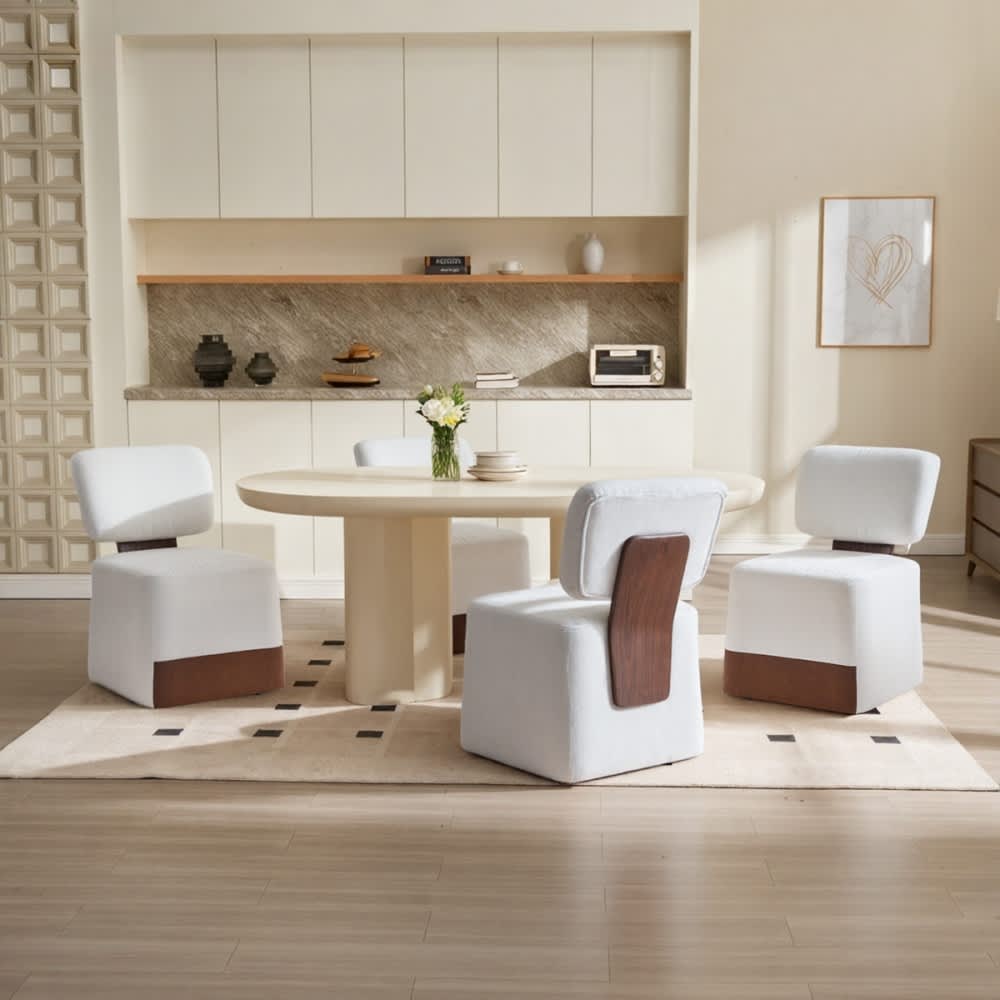 Coolbibila Set of 4 Upholstered Armless Dining Chairs with Casters Ivory Linen Accent Chairs with Wheels Modern Rolling Chairs for Dining Room