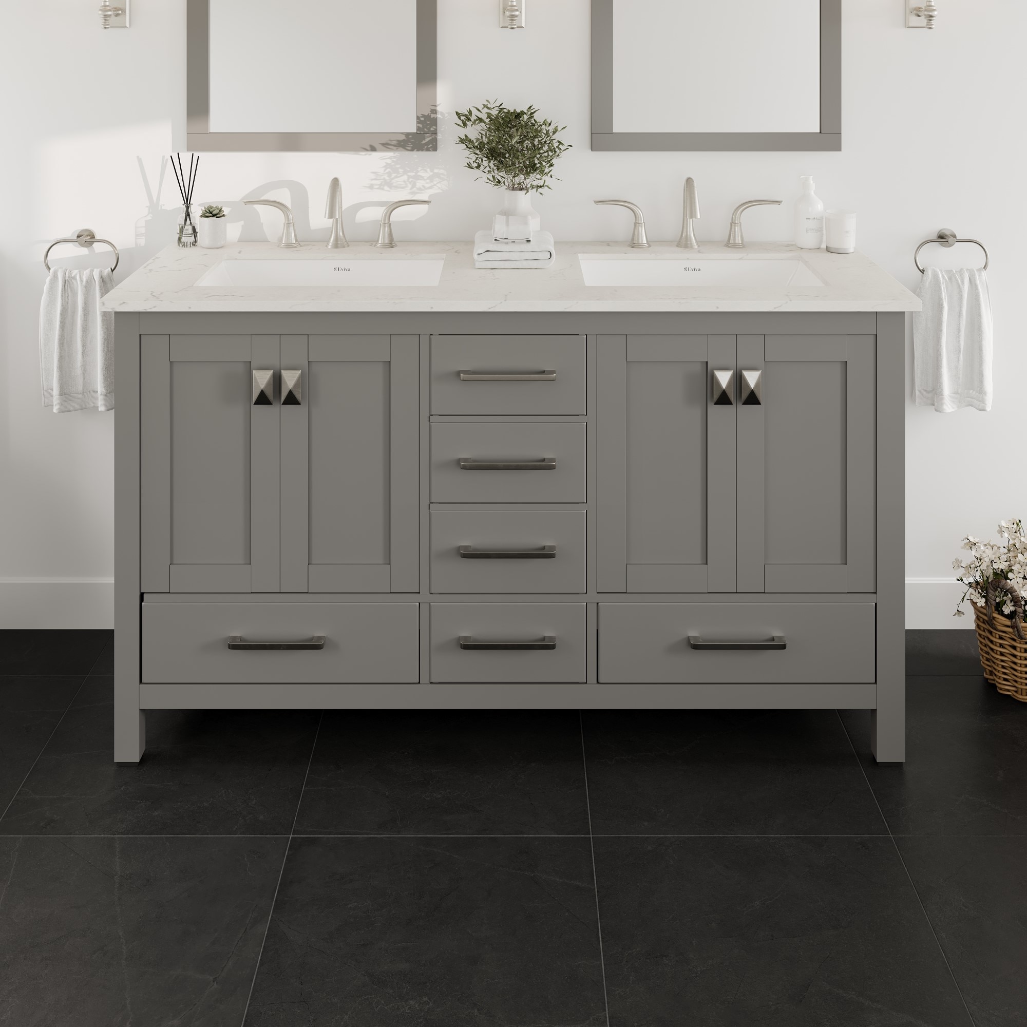 Eviva EVVN412-60GR Aberdeen 60-in Gray Undermount Double sink Bathroom Vanity with White Quartz Top