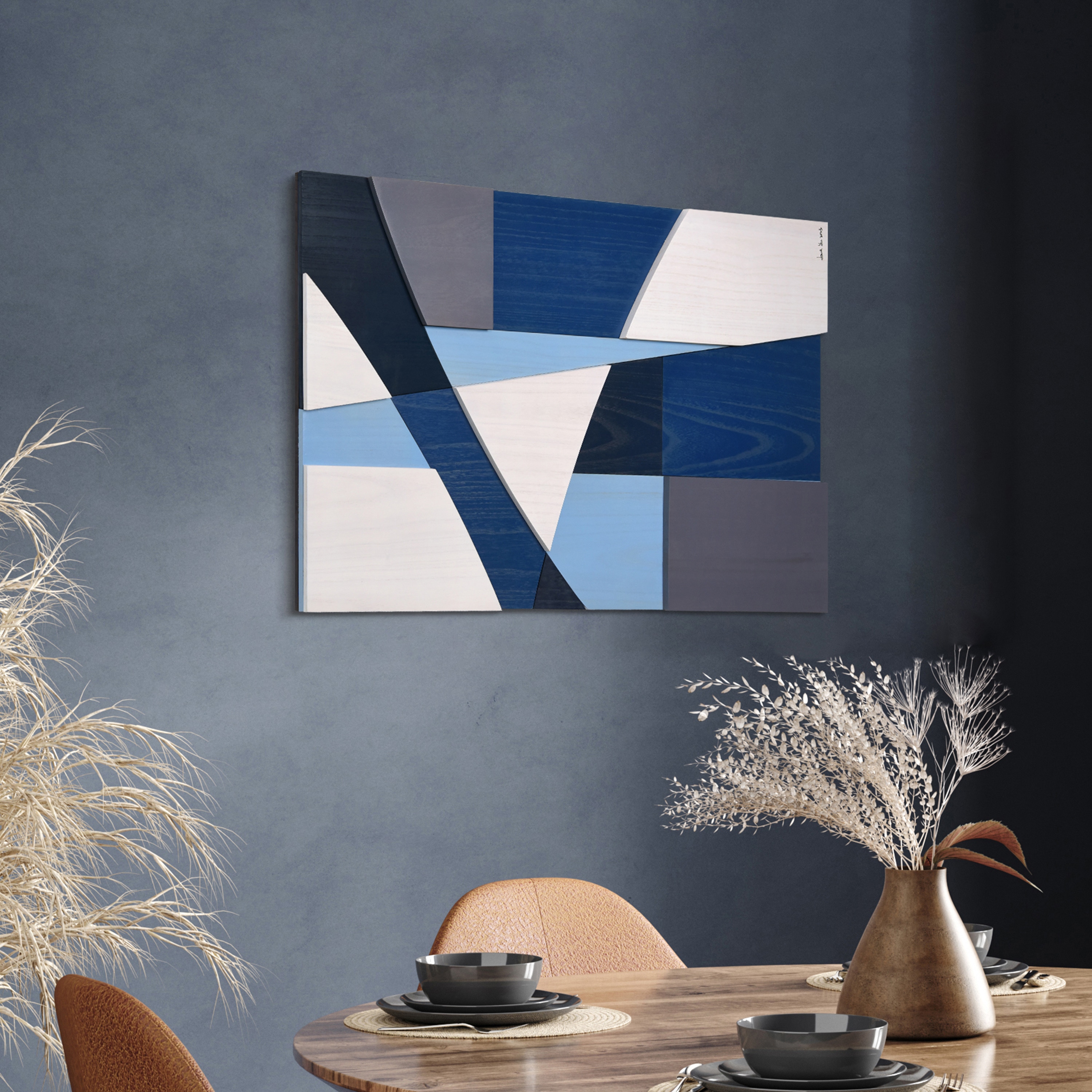 36 in. x 24 in. Blue and Gray Abstract Wood Wall Art