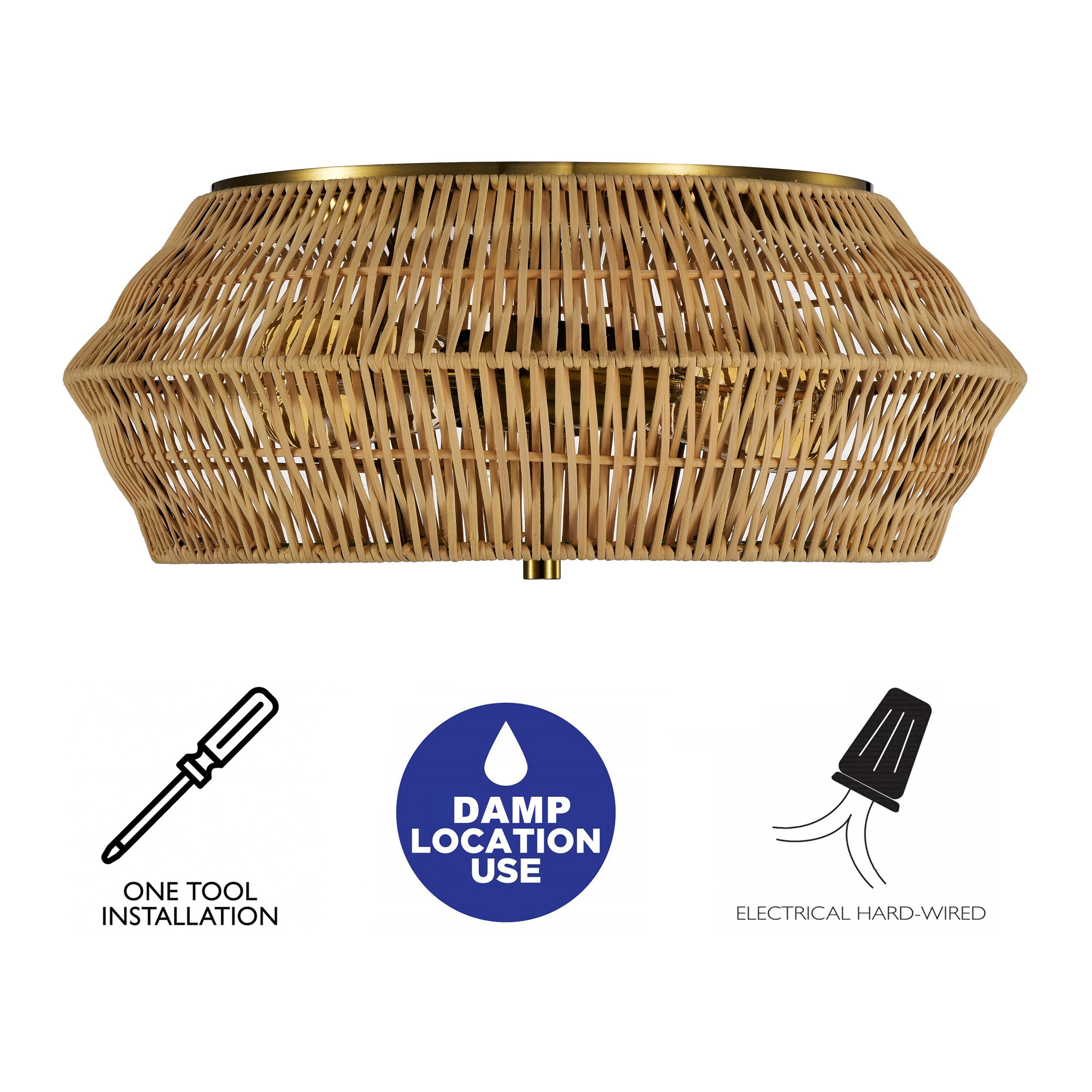 Vintage Brass and Natural Rattan Geometric Cage Flush Mount Light