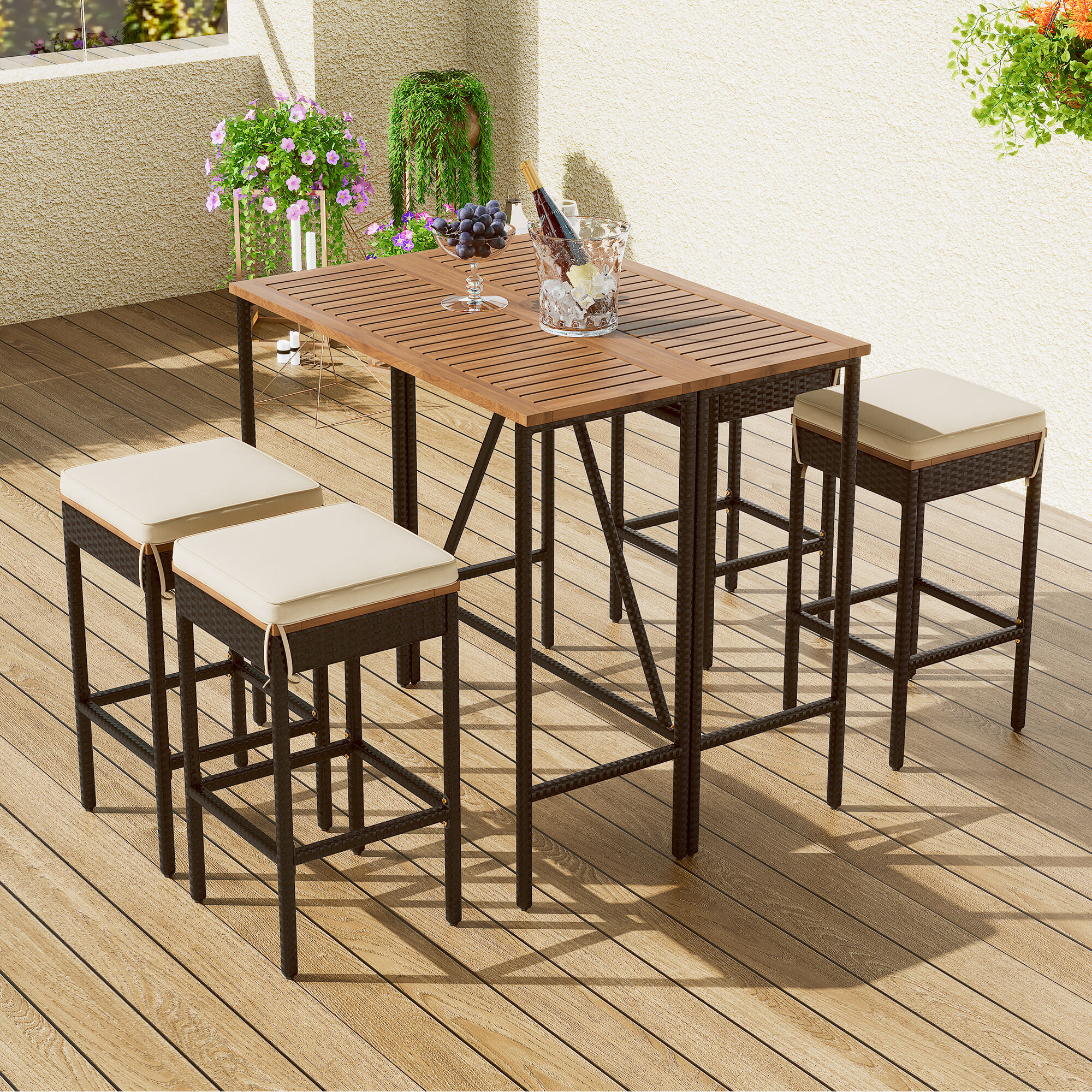ModernLuxe L-WF317873AAA 5 -Piece Brown Wicker Bistro Patio Dining Set Wood Rectangle Table with 4 Off-white Cushions Stationary Chairs