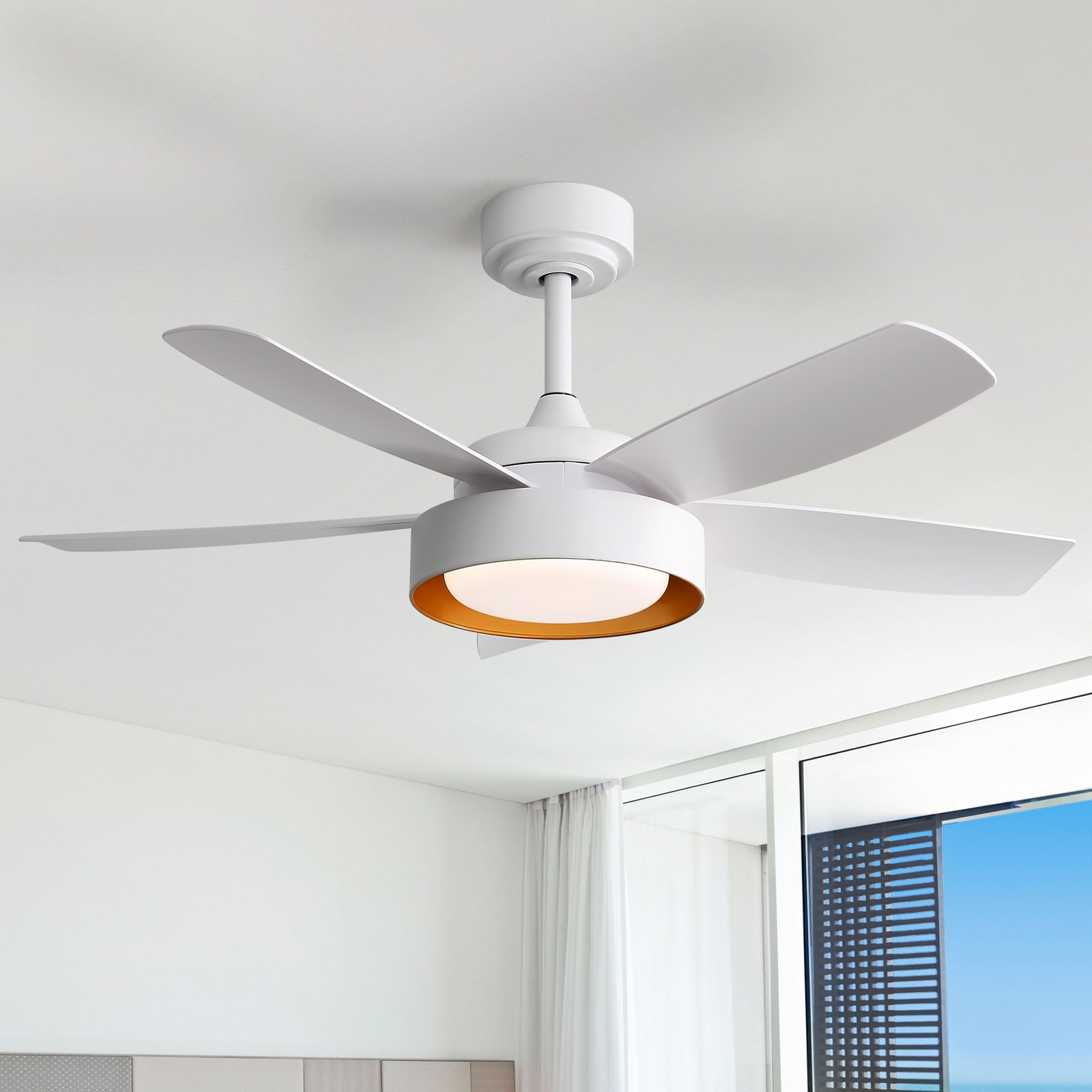 Sofucor LS-42K031-WH-ABS-WH 42-in Color-Changing Integrated LED White with ABS Blades Ceiling Fan With Light - Remote Included ( 5 -Blade )