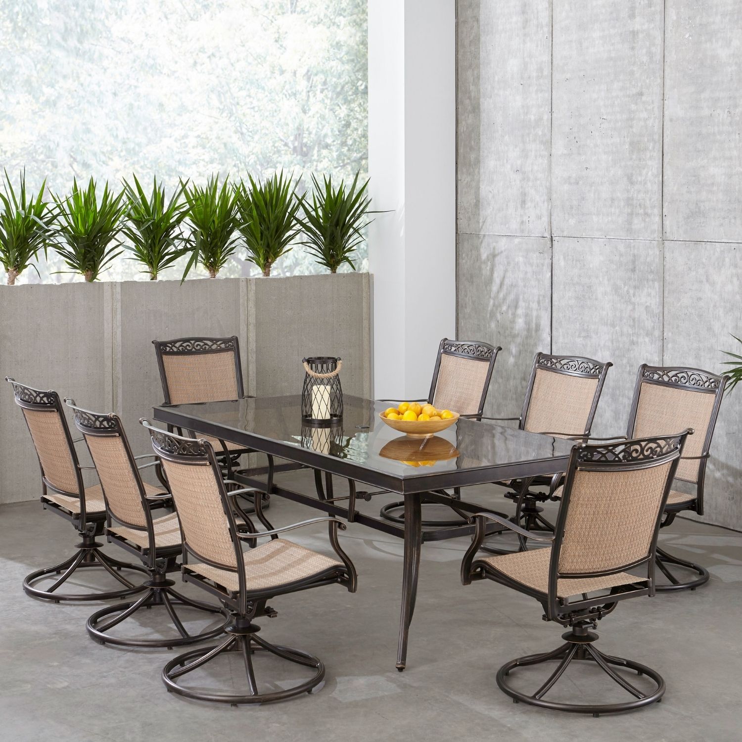 Hanover FNTDN9PCSWG Fontana 9 -Piece Bronze Patio Dining Set Aluminum Rectangle Table with 8 Tan Swivel Rocker Chairs