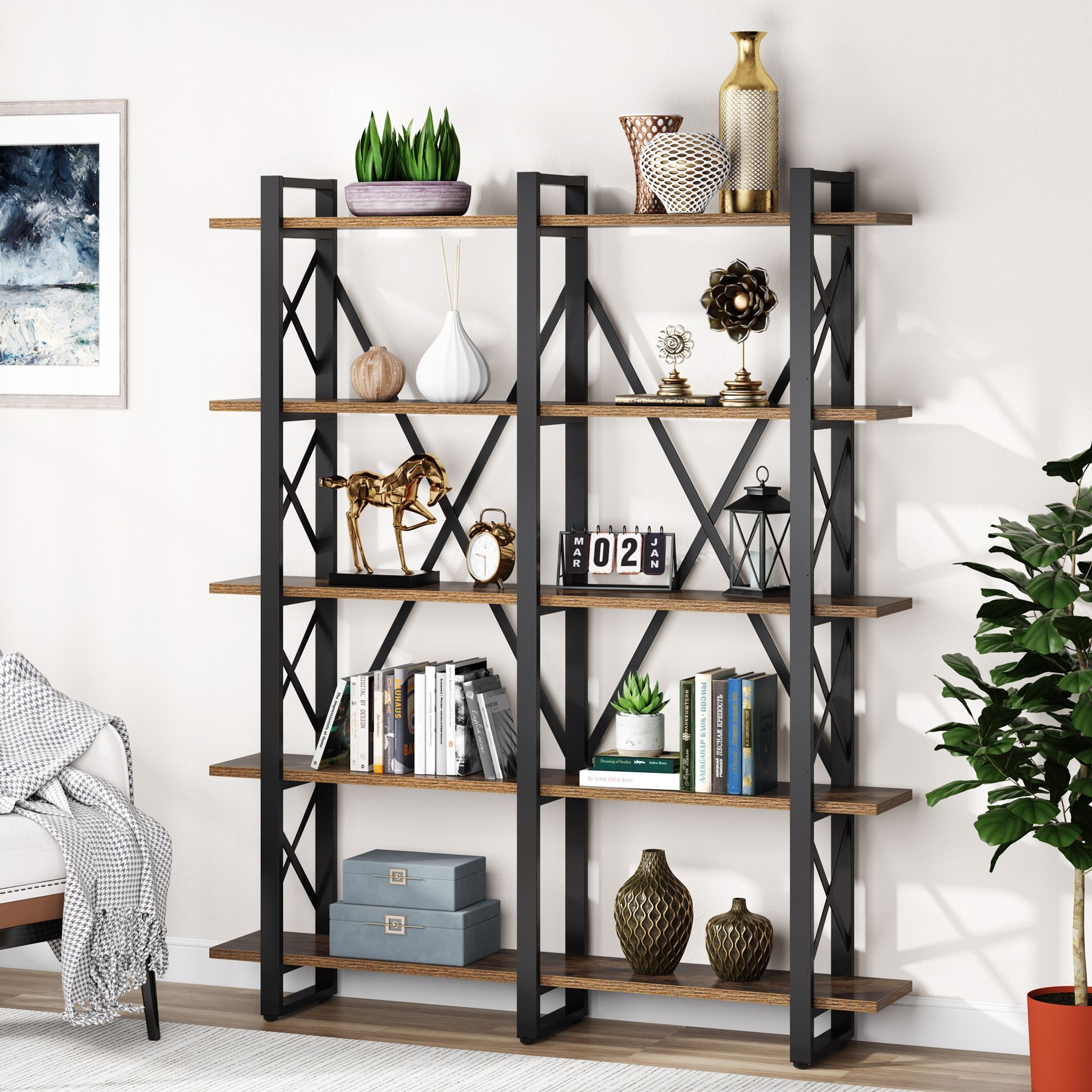 Tribesigns Brown Metal 5-Shelf Double Bookcase (59.05-in W x 70.86-in H ...