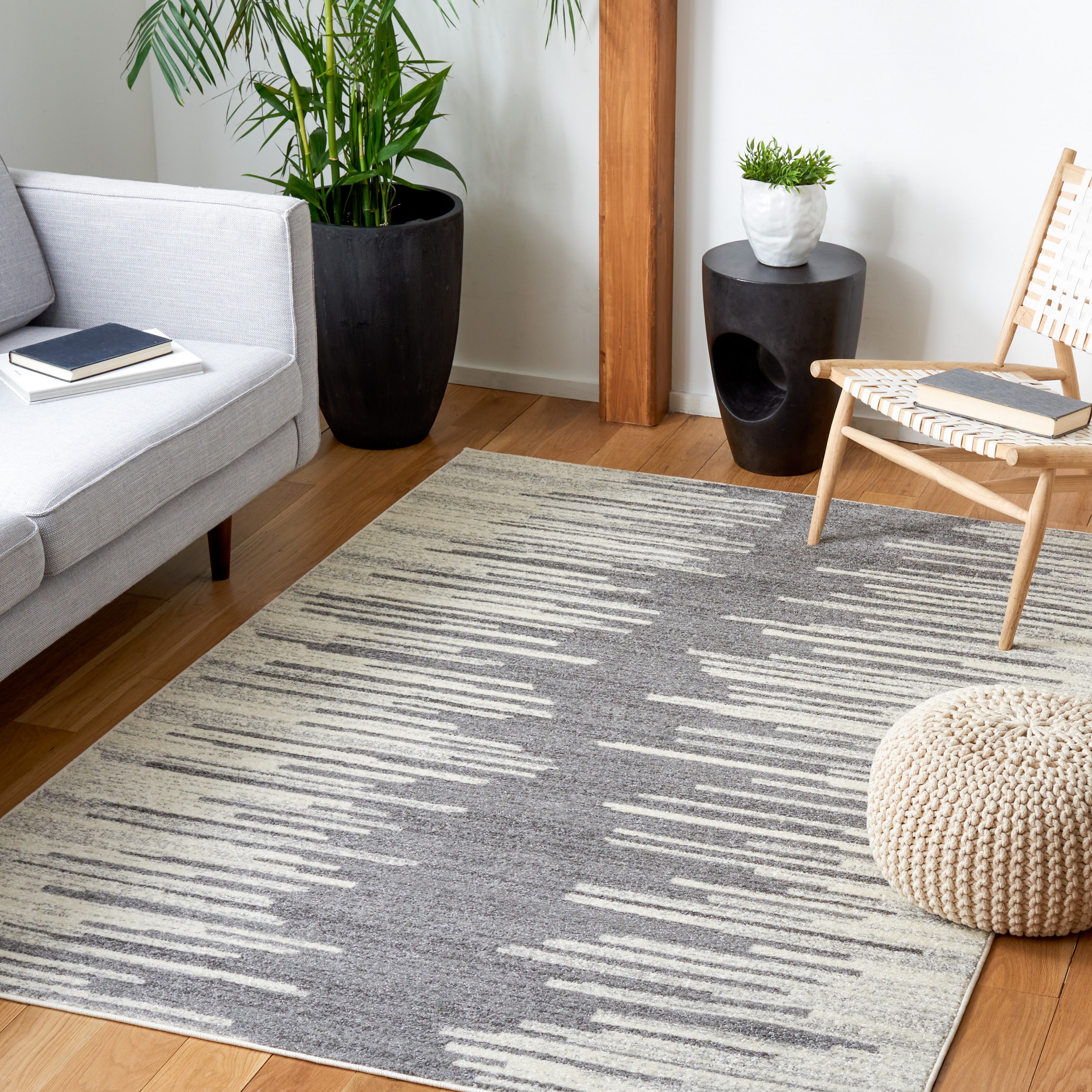 Gray and Ivory Geometric Rectangular Area Rug