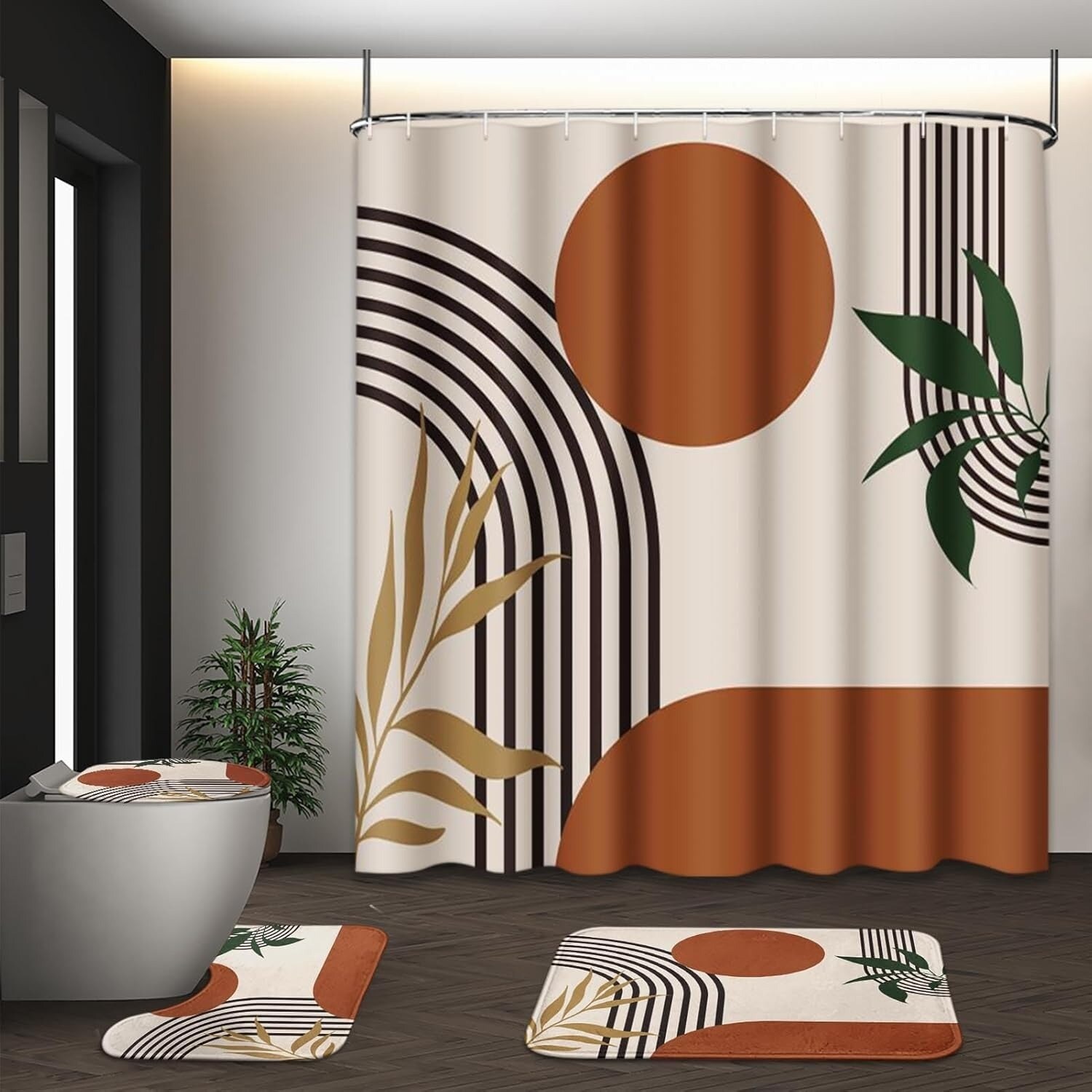 Paradigms Interiors 4 Piece Boho Mid Century Shower Curtain Set with Abstract Geometric Pattern Includes Toilet Lid Cover and Non-Slip Rugs with 12 Hooks 72x72 Inches #514068521419