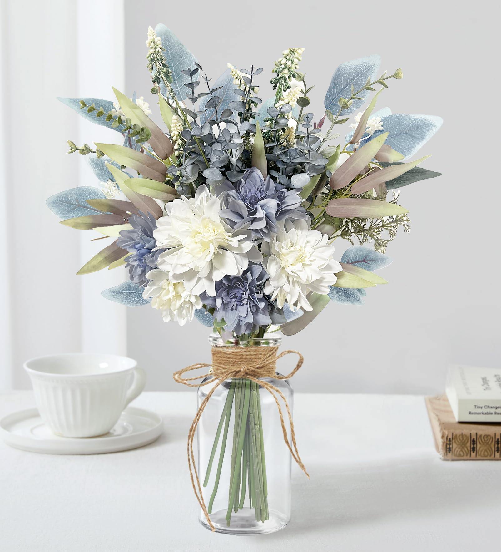 Vrbgify  Blue White Artificial Flowers in Glass Vase with Boho Hemp Rope for Farmhouse Coffee Table and Dining Table Centerpiece Decor