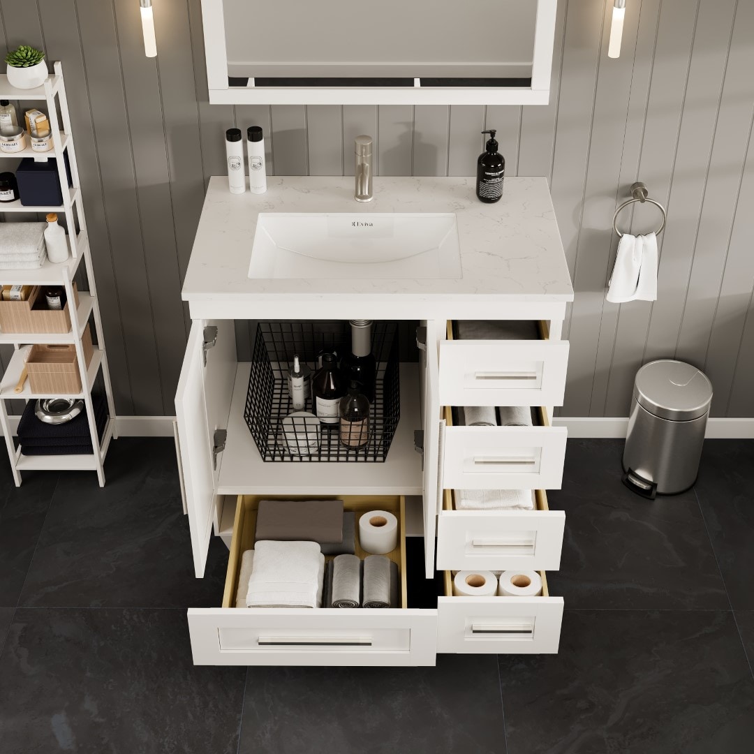 Eviva 30" White Wood Bathroom Vanity with Carrara Marble Top