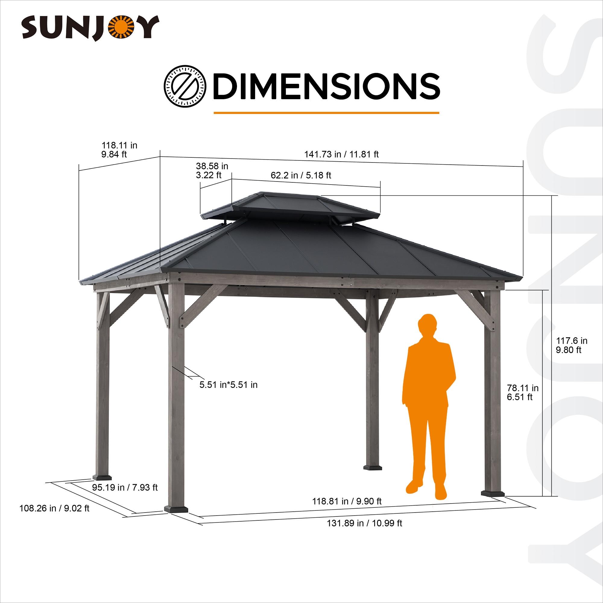 Sunjoy Cedar Framed Wooden Gazebo with Steel Roof, 10 ft. x 12 ft.
