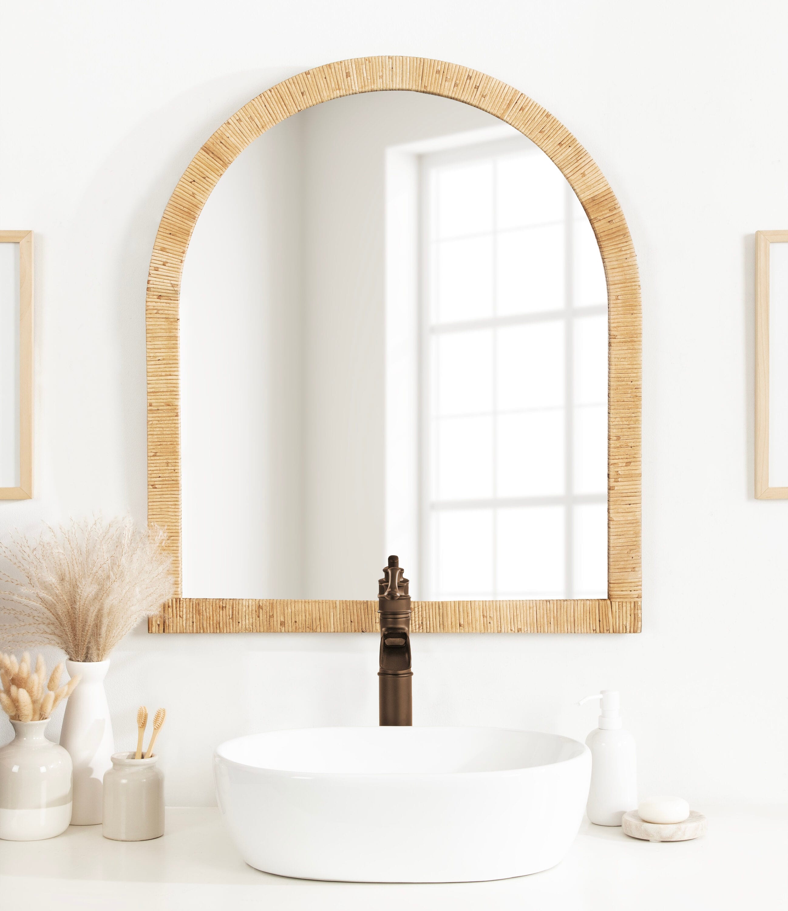 Natural Wood Boho Arch Rattan Wall Mirror, 28 x 32