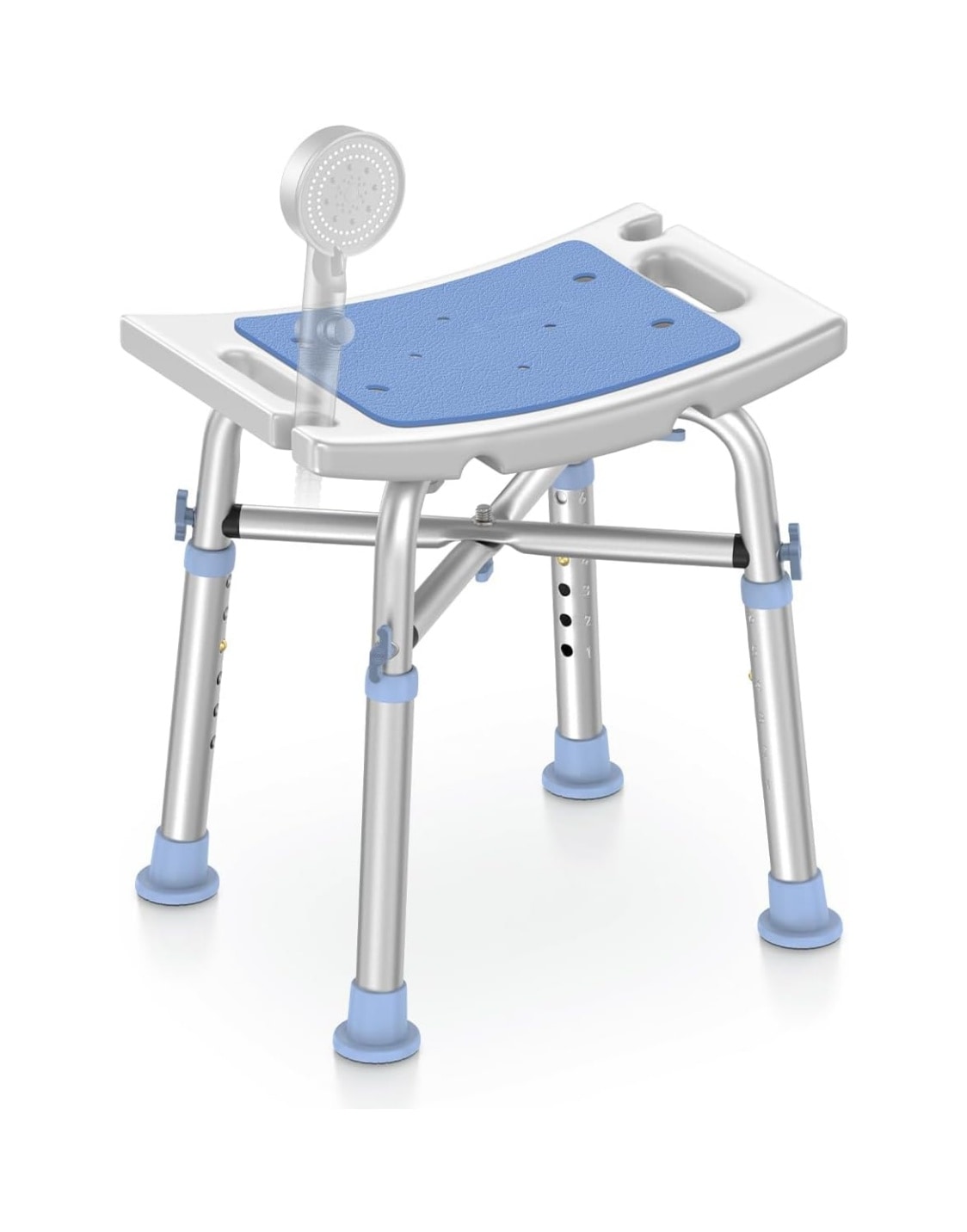 Etokfoks  17 3 in W Heavy Duty Adjustable Anti Slip Aluminum Shower Stool White Blue Padded Detachable Seat Drainage 16 to 19 in 500 lb