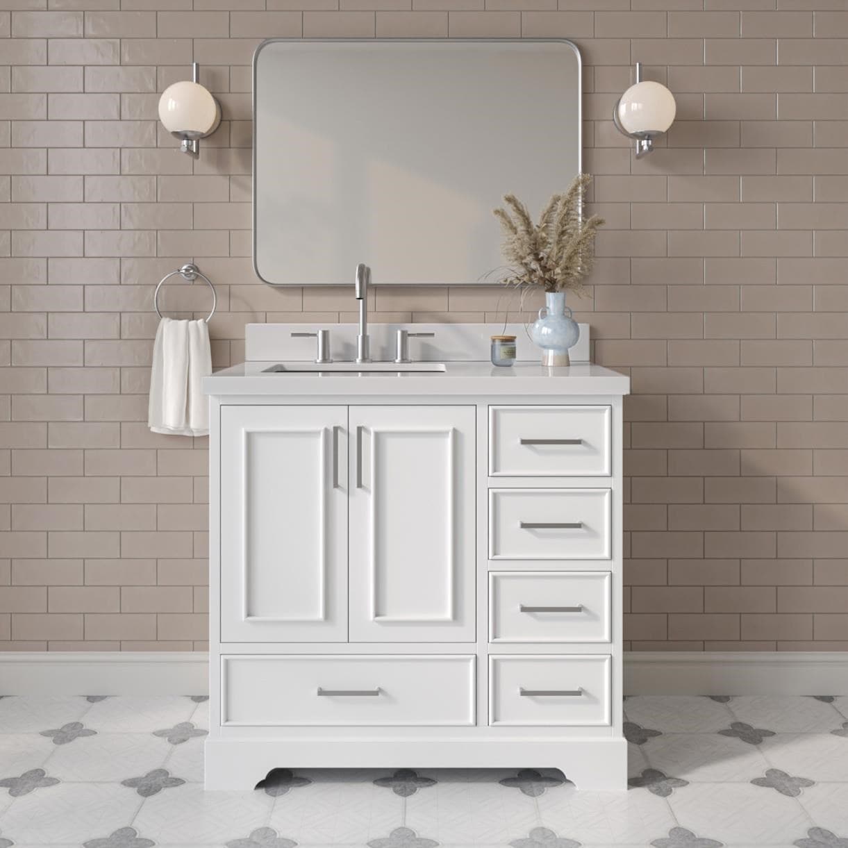 ARIEL - Stafford 36-in White Undermount Single Sink Bathroom Vanity with Pure White Quartz Quartz...