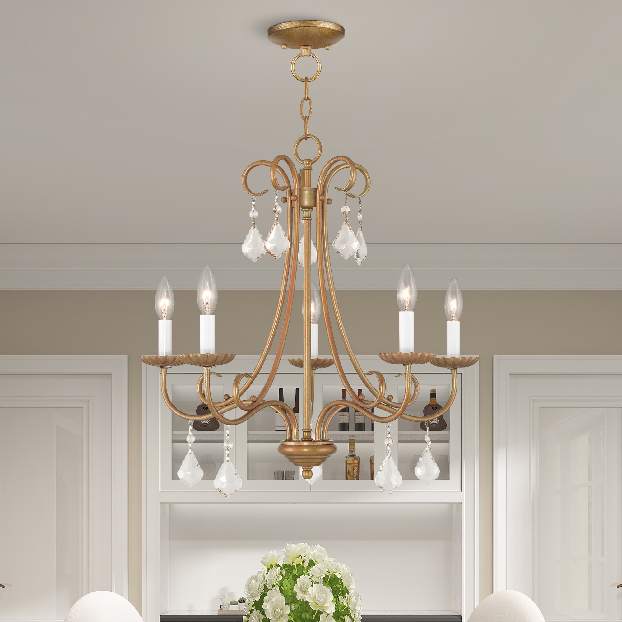 Antique Gold Leaf 5-Light Chandelier with Teardrop Crystals