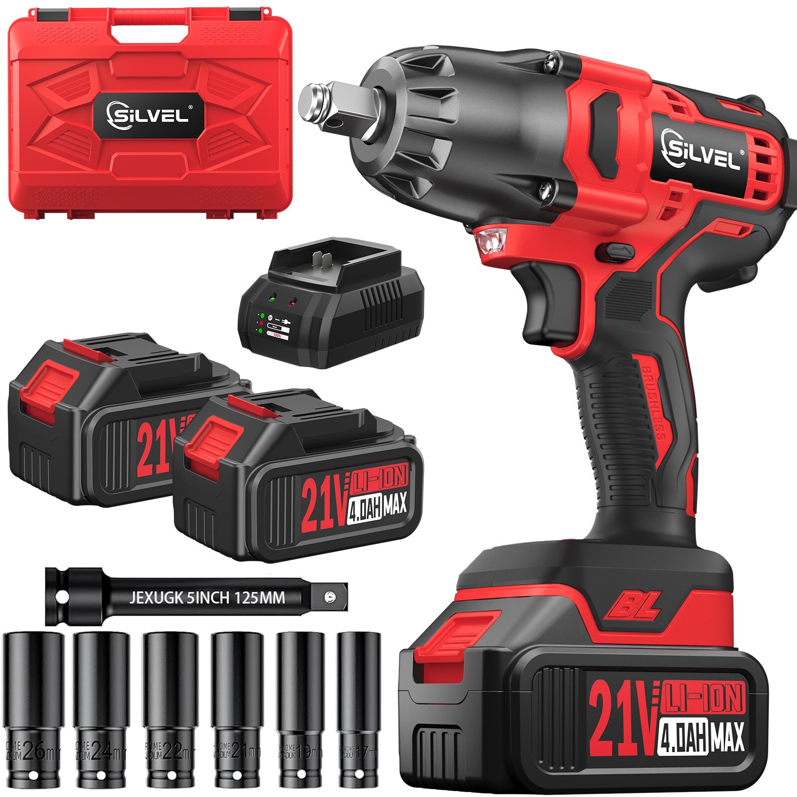 Silvel  21V MAX Cordless Impact Wrench Brushless Dual 4Ah Battery Kit with 6 Socket Set for Home Garage DIY