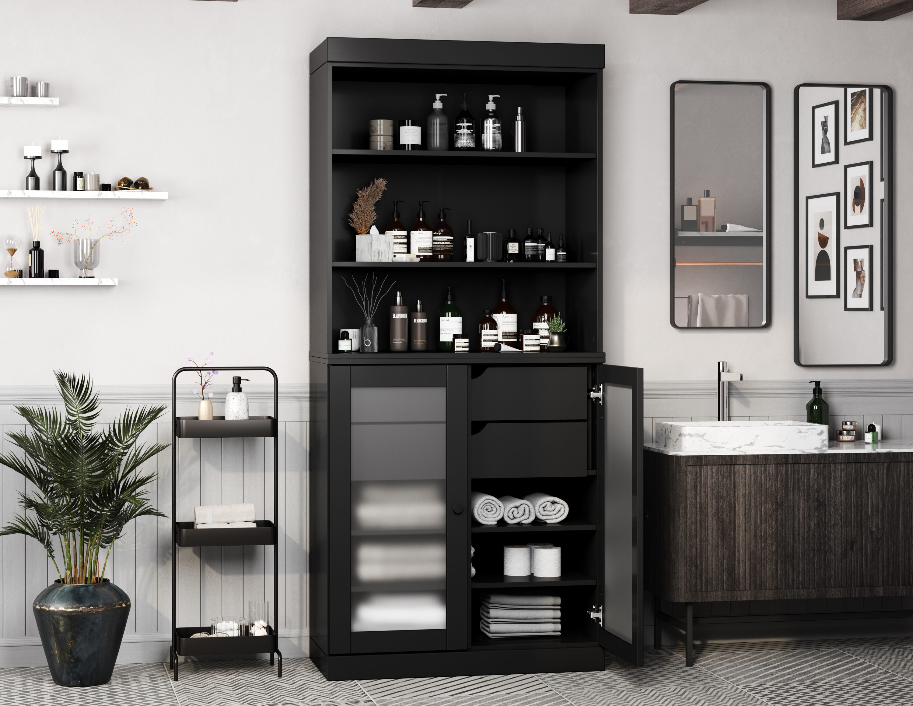 Palace Imports Solid Wood Tall Modular Frosted Glass Bathroom Linen Laundry Room Storage Cabinet with 2 Drawers