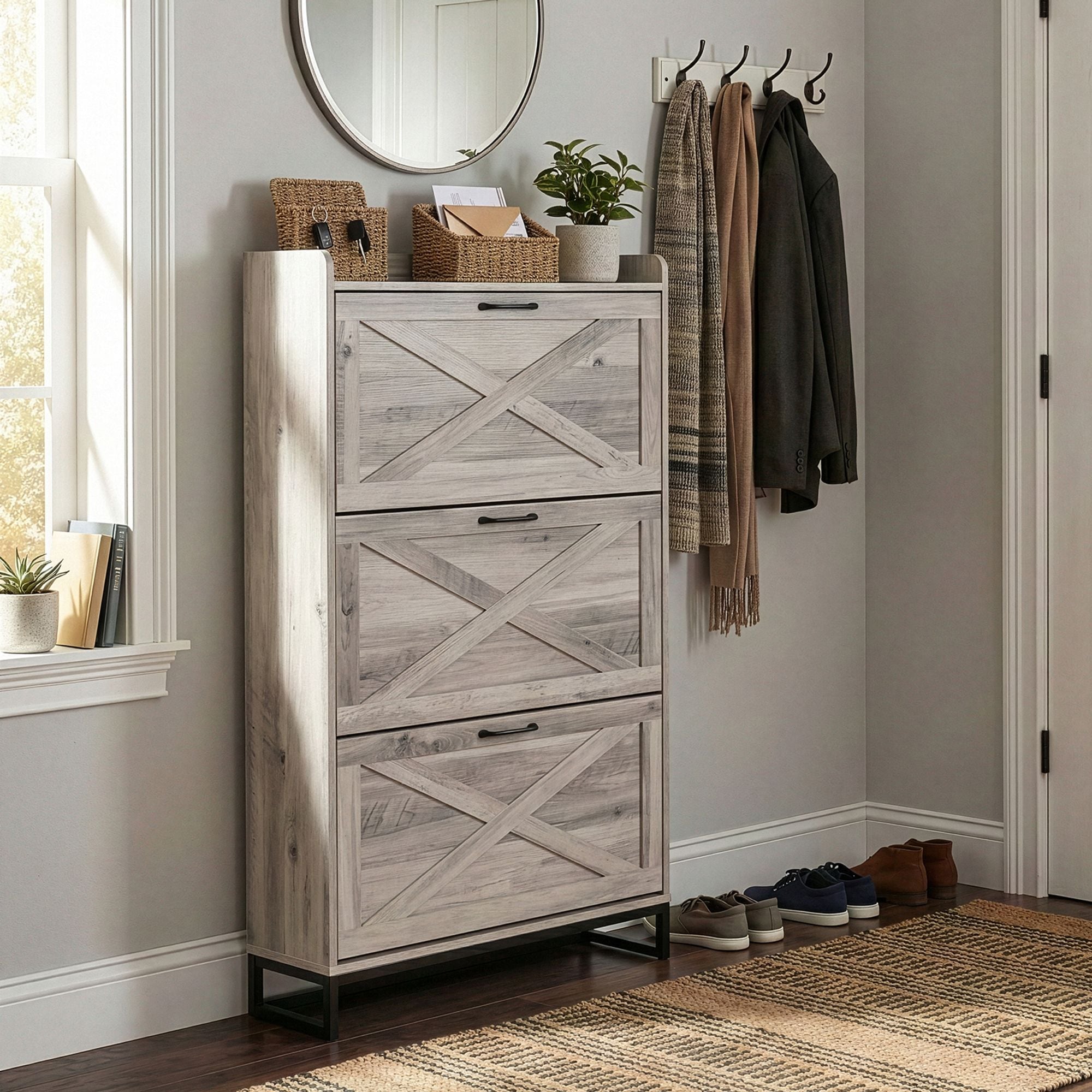 Winado  3 Drawer Barn Door Shoe Cabinet With Top Baffle