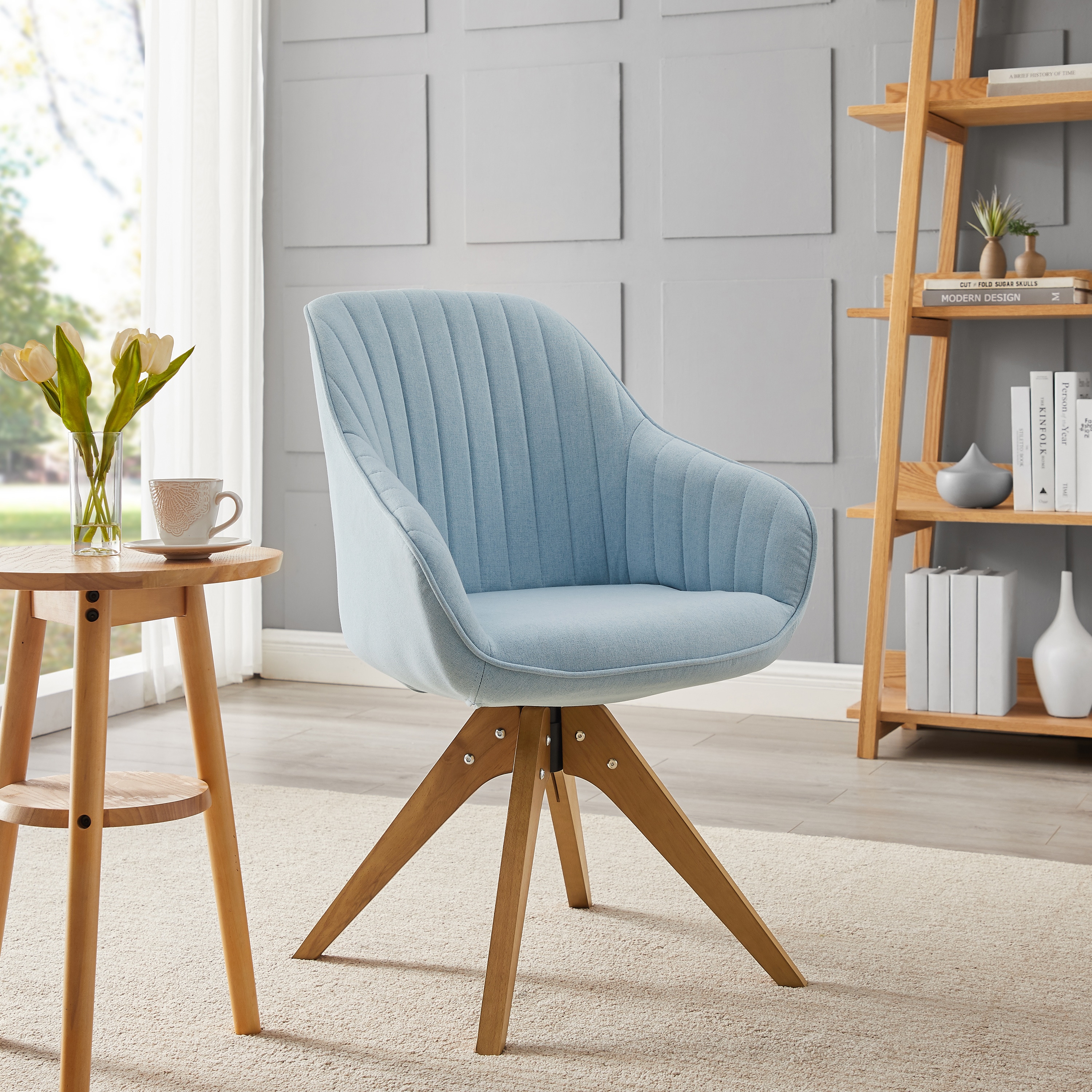 Mid-Century Light Blue Swivel Accent Chair with Beech Wood Legs