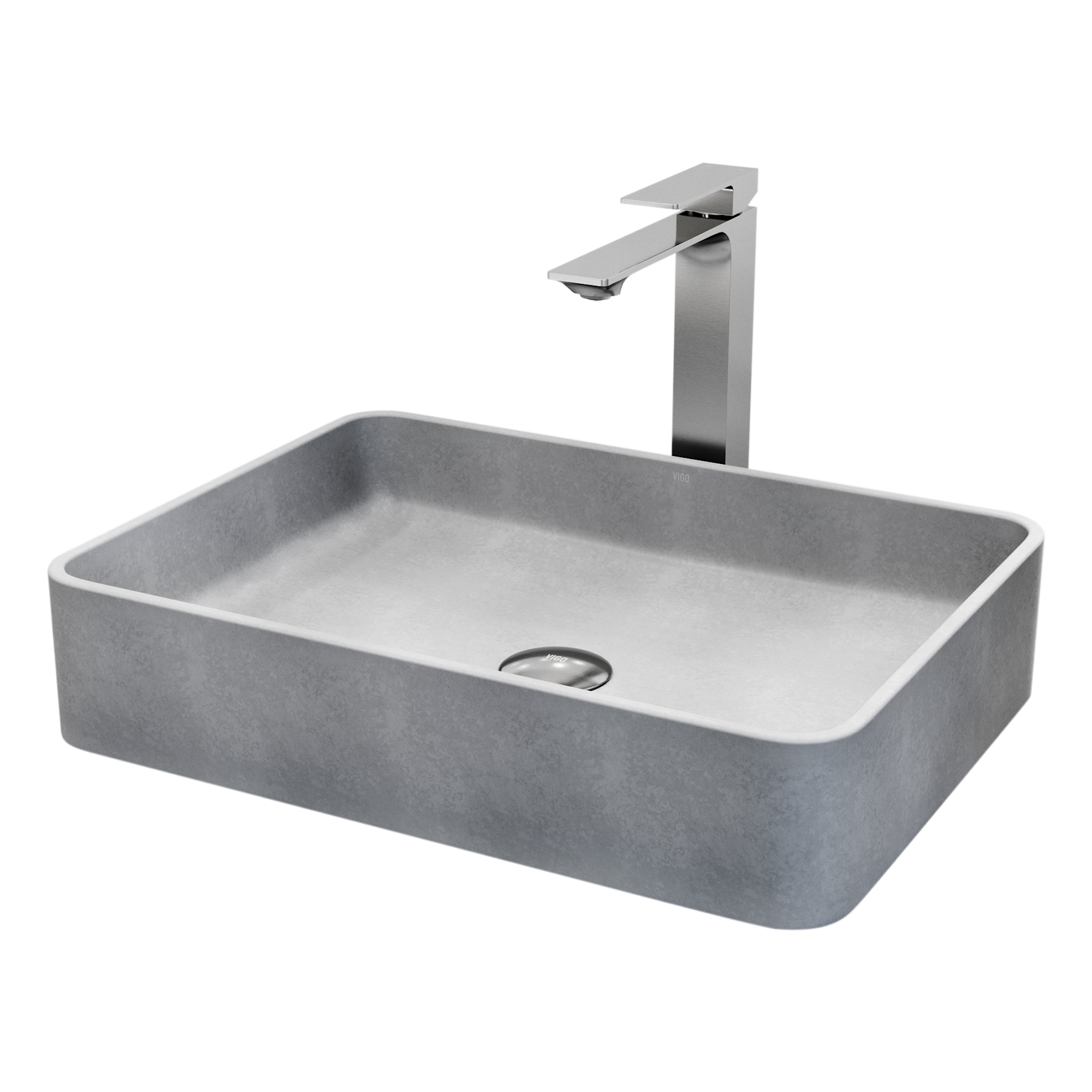 VIGO VGT2085 Concreto Stone Concrete 19 Vessel Rectangular Modern White Bathroom Sink with Faucet Included with Drain Included