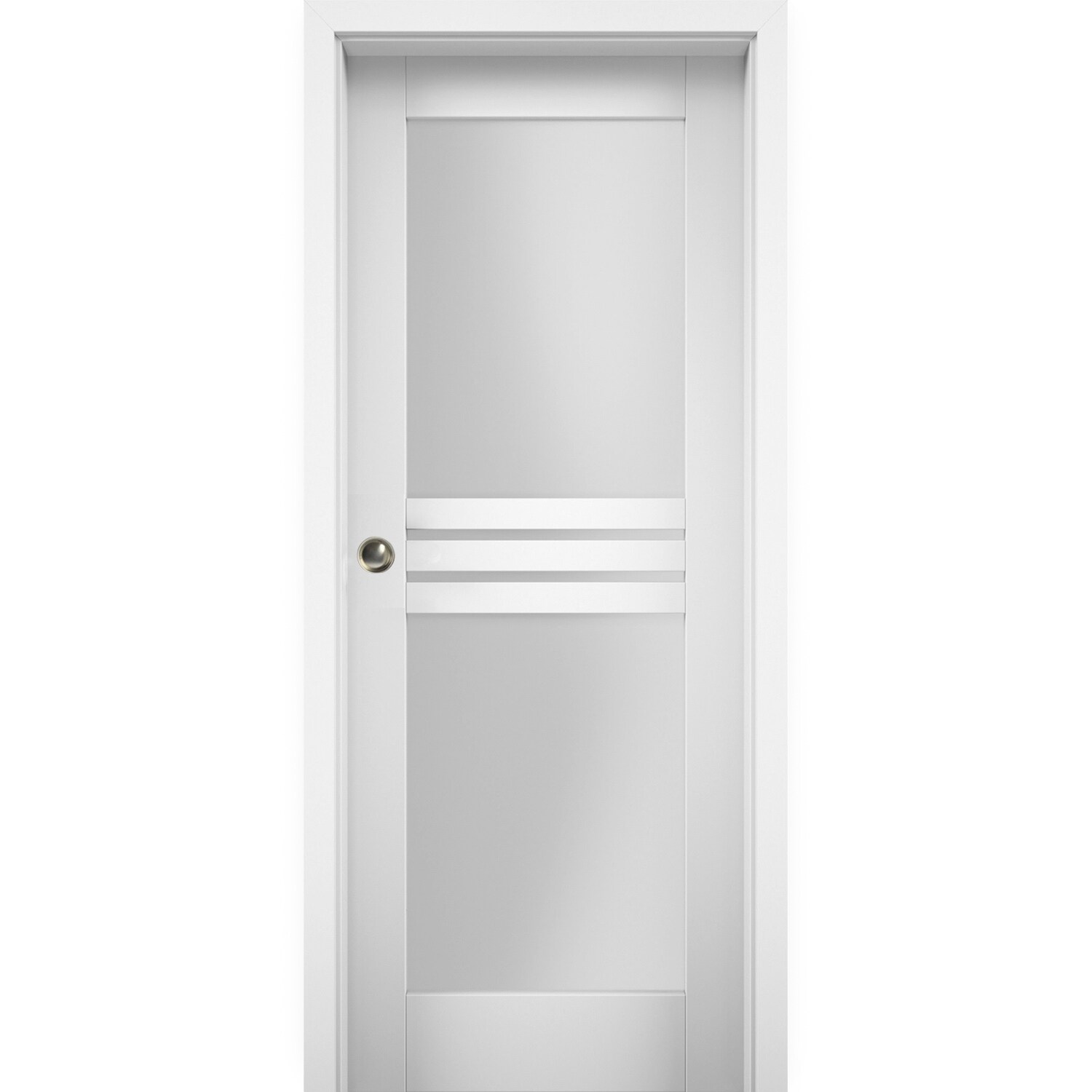 SARTODOORS MELA7222PD-WS-2884 7222 28-in x 80-in White Frosted glass Solid core Prefinished Oak Wood Closet Sliding Door ( Hardware Included )
