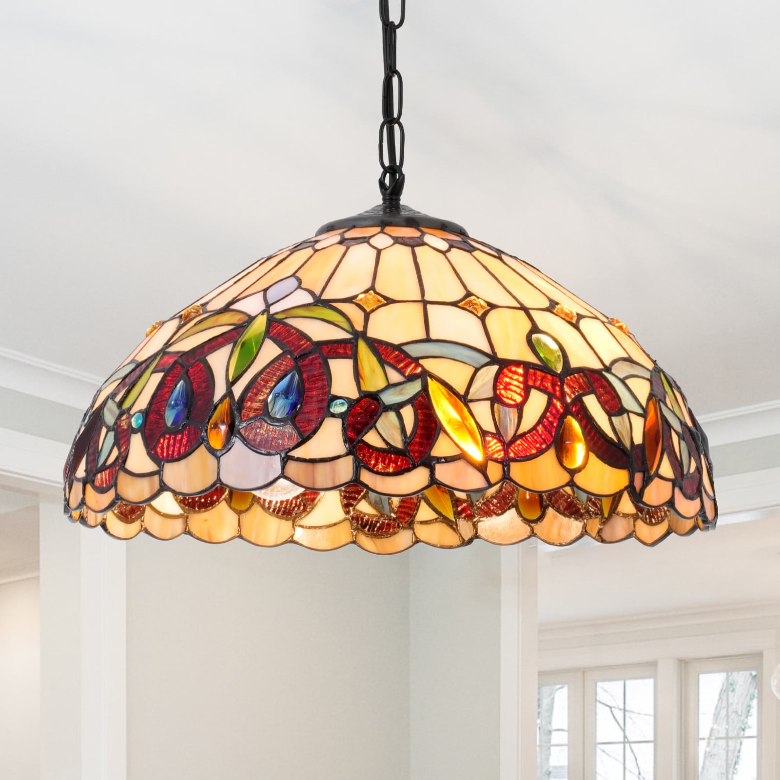 EFPERFECT DS-DR31 15.7 Inch Wide Tiffany Style 2 Light Victorian Rustic Stained Glass Chandelier for Living Room Dining Room Kitchen Bedroom Entryway