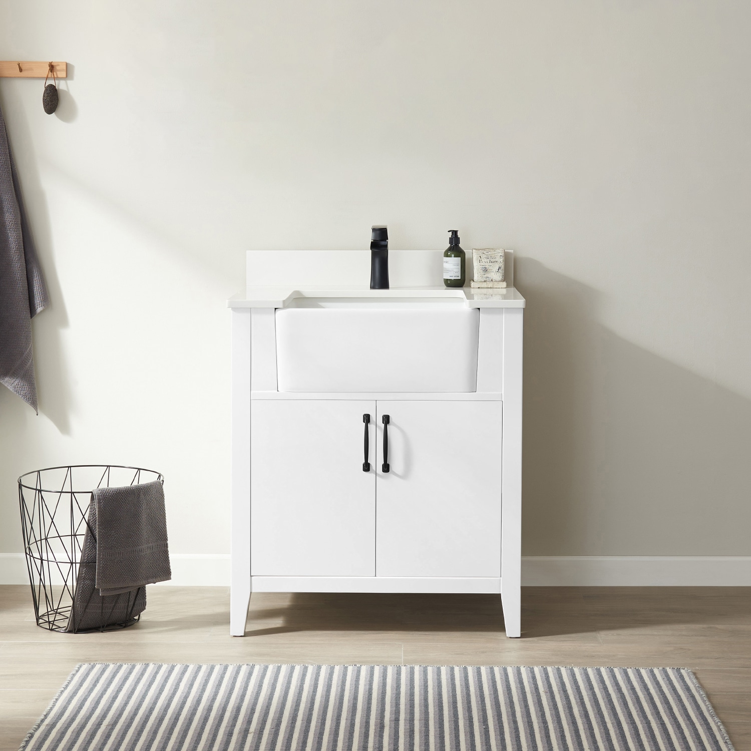 Vinnova 797030-WH-WH-NM Sevilla 30-in White Farmhouse Single sink Bathroom Vanity with White Engineered stone Top