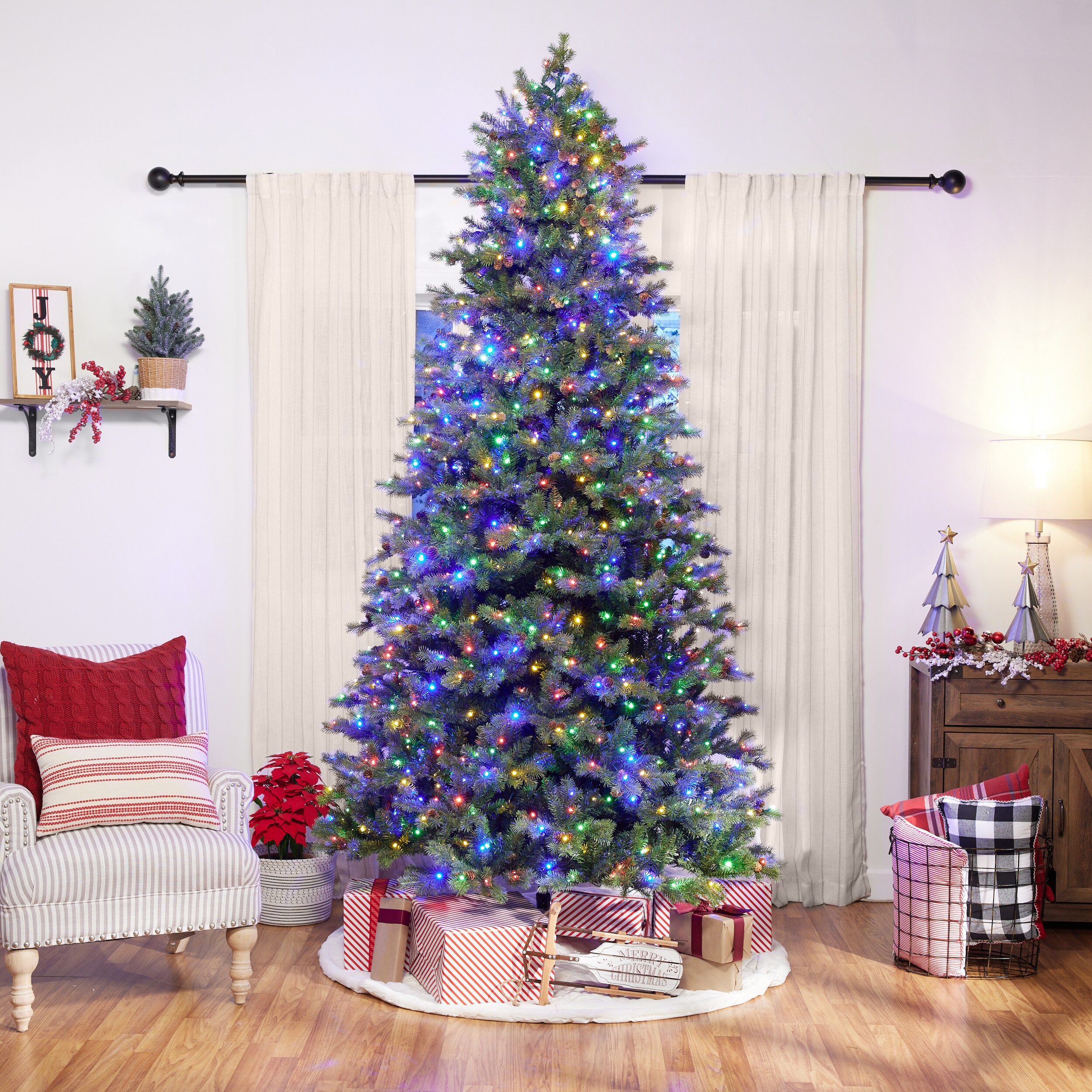 GE 9-ft Cedar Rock Fir Pre-lit Artificial Christmas Tree with LED ...