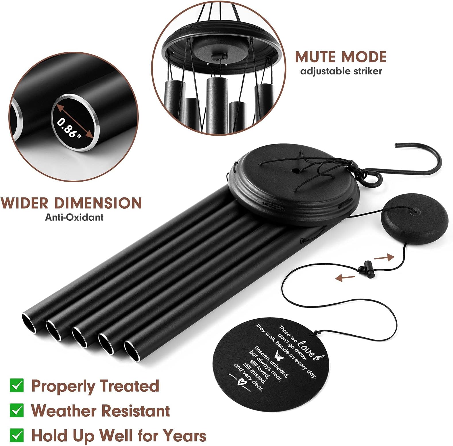 Misopily Memorial Wind Chimes 35 Inch Black 5 Tube Weather Resistant ...