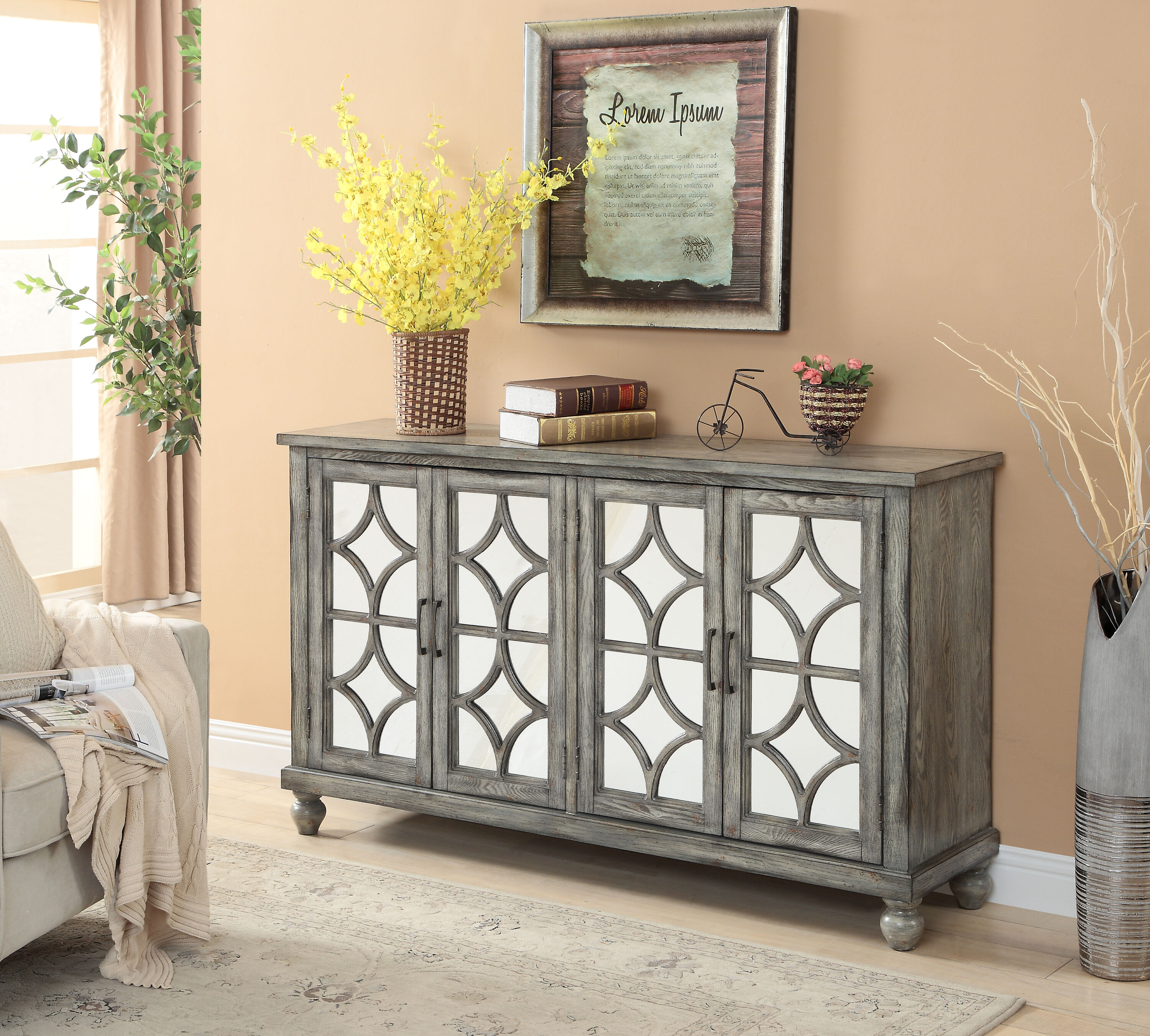 Coast to Coast Traditional Grey Console Table with Mirror Paneled Doors ...