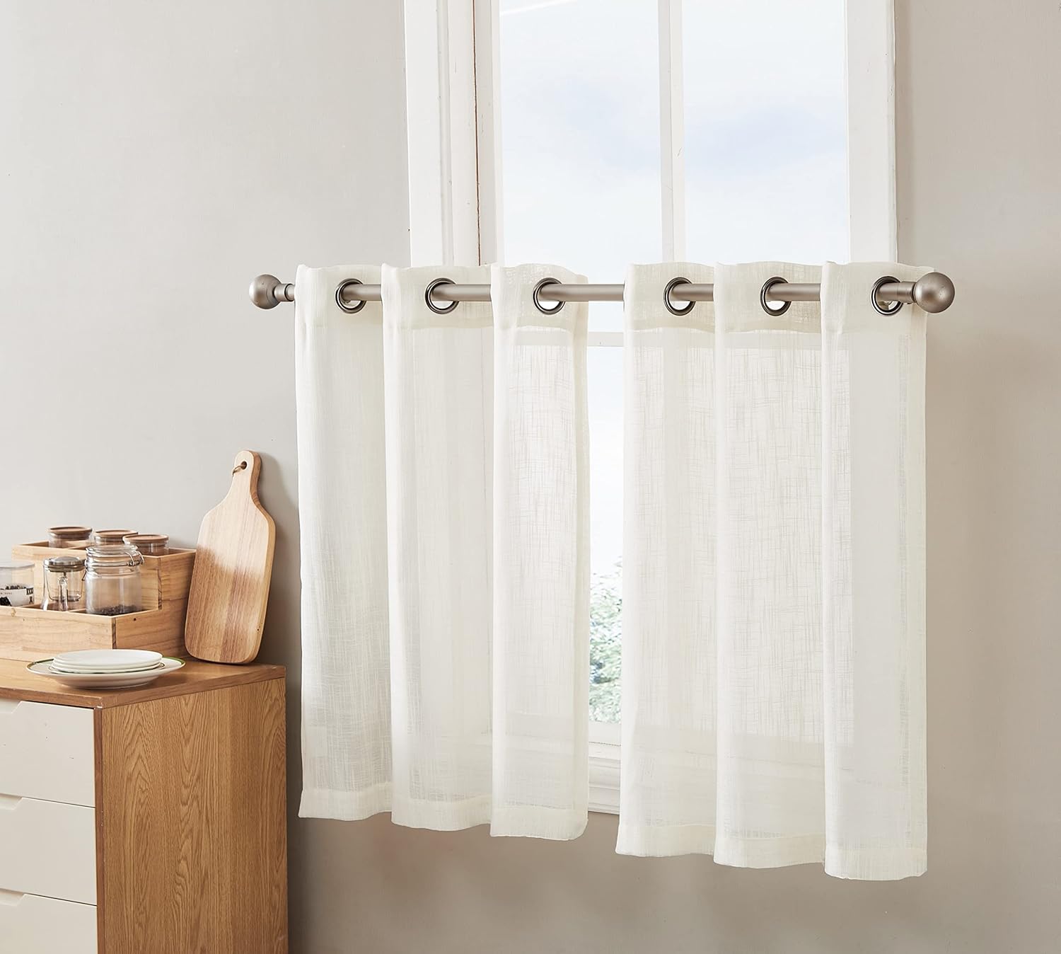 HLC.me ABY-GR-TRS-CRM36 Abbey Faux Linen Textured Semi Sheer Grommet Cafe Curtain Tiers - Set of 2