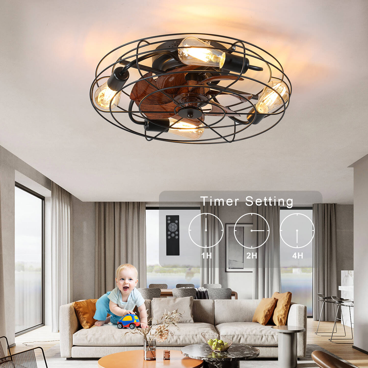 SINOFURN 20-in Black Indoor Flush Mount Cage Ceiling Fan and 