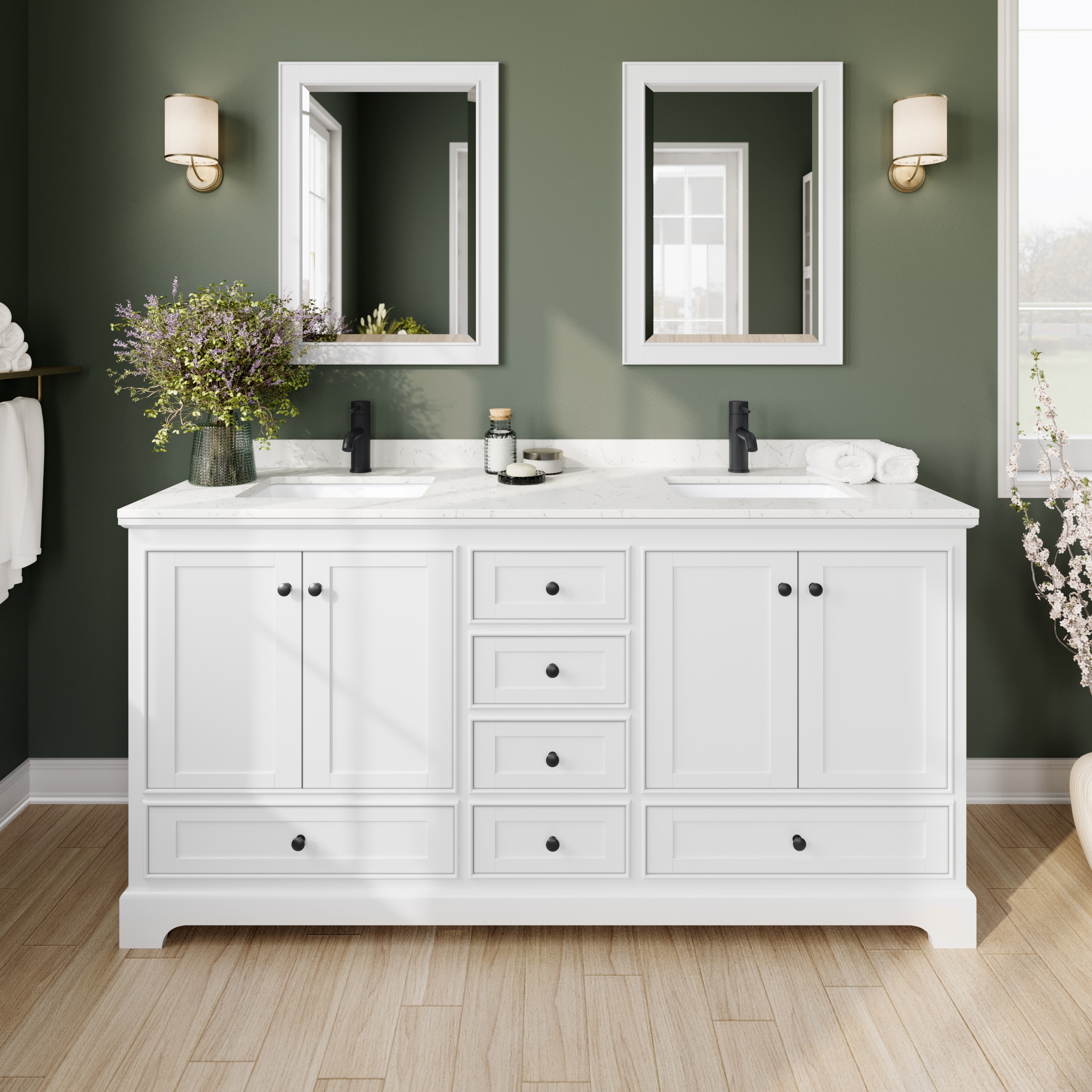Wyndham Collection WCS202072DWBC2UNSMXX Deborah 72-in White with Matte Black Trim Undermount Double Sink Bathroom Vanity with Carrara Cultured Marble Cultured Marble Top