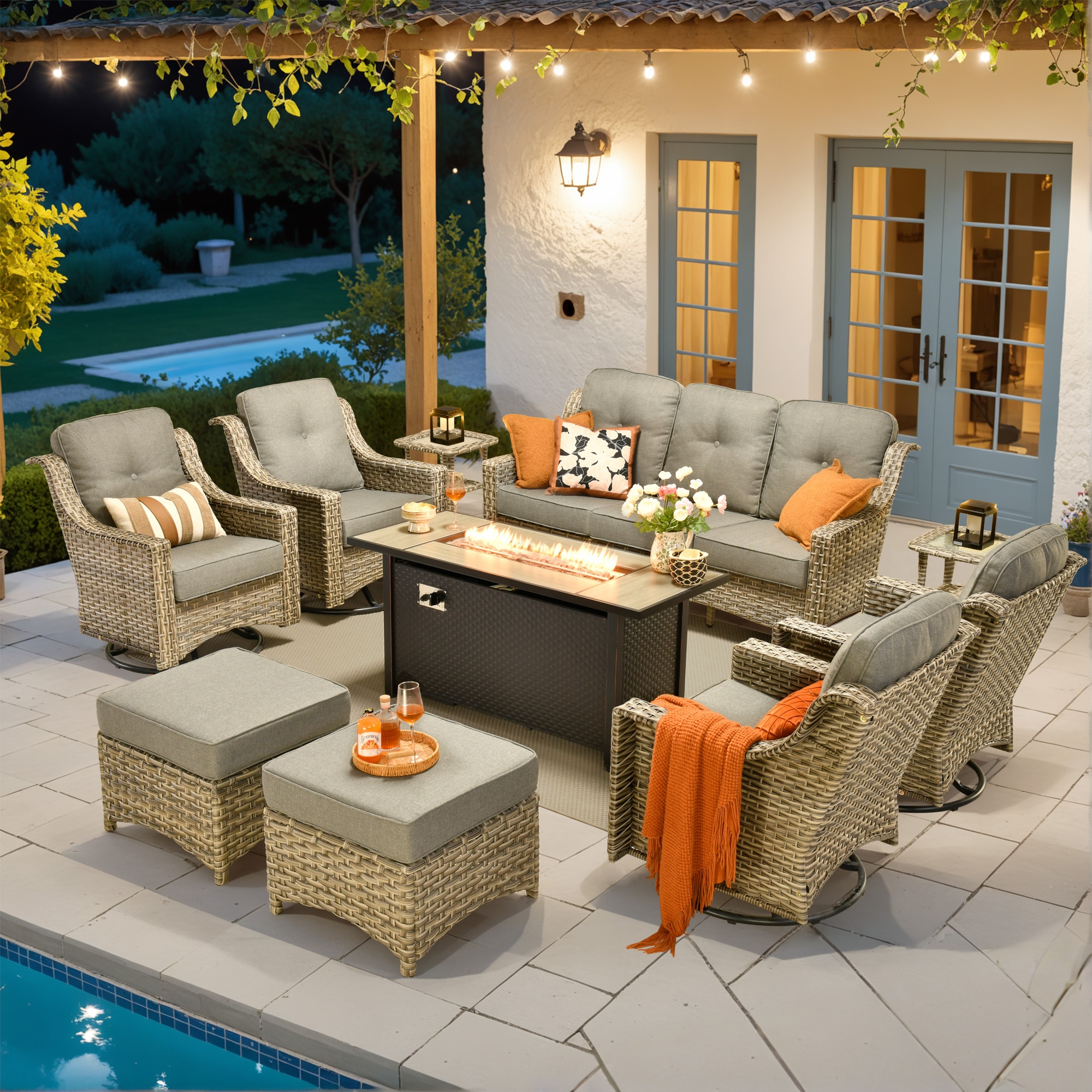 Ovios RFP5PD209Y 10 -Piece Rattan Patio Sofa Conversation Set with Dark Gray Cushions