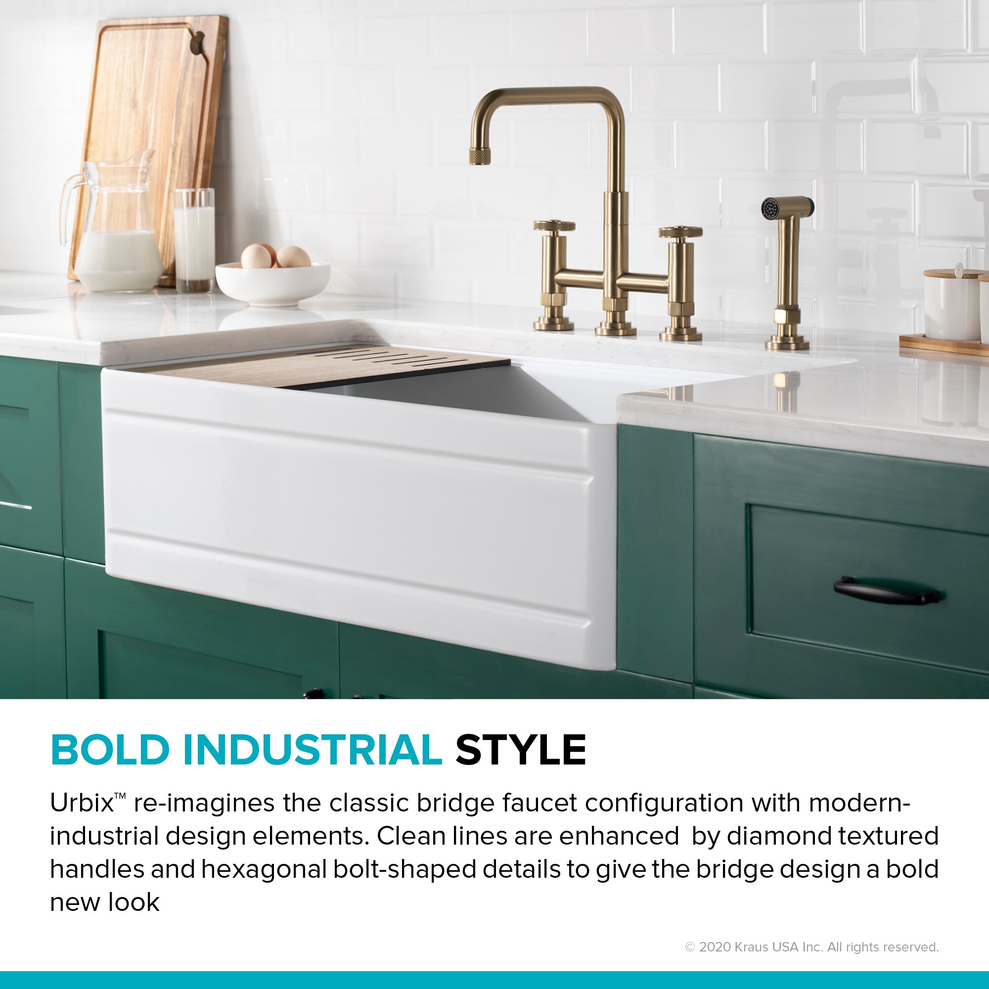 Urbix Brushed Gold Stainless Steel Bridge Faucet with Side Sprayer