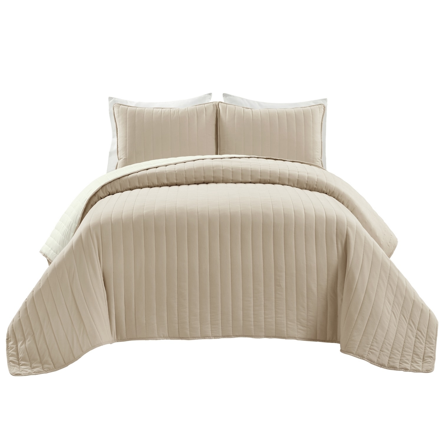 King Neutral Ivory Reversible Microfiber Quilt Set