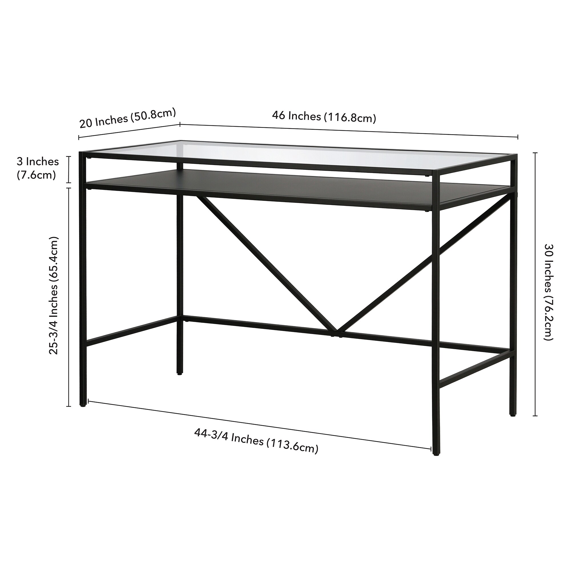 Sleek Blackened Bronze Desk with Tempered Glass Top and Metal Shelf