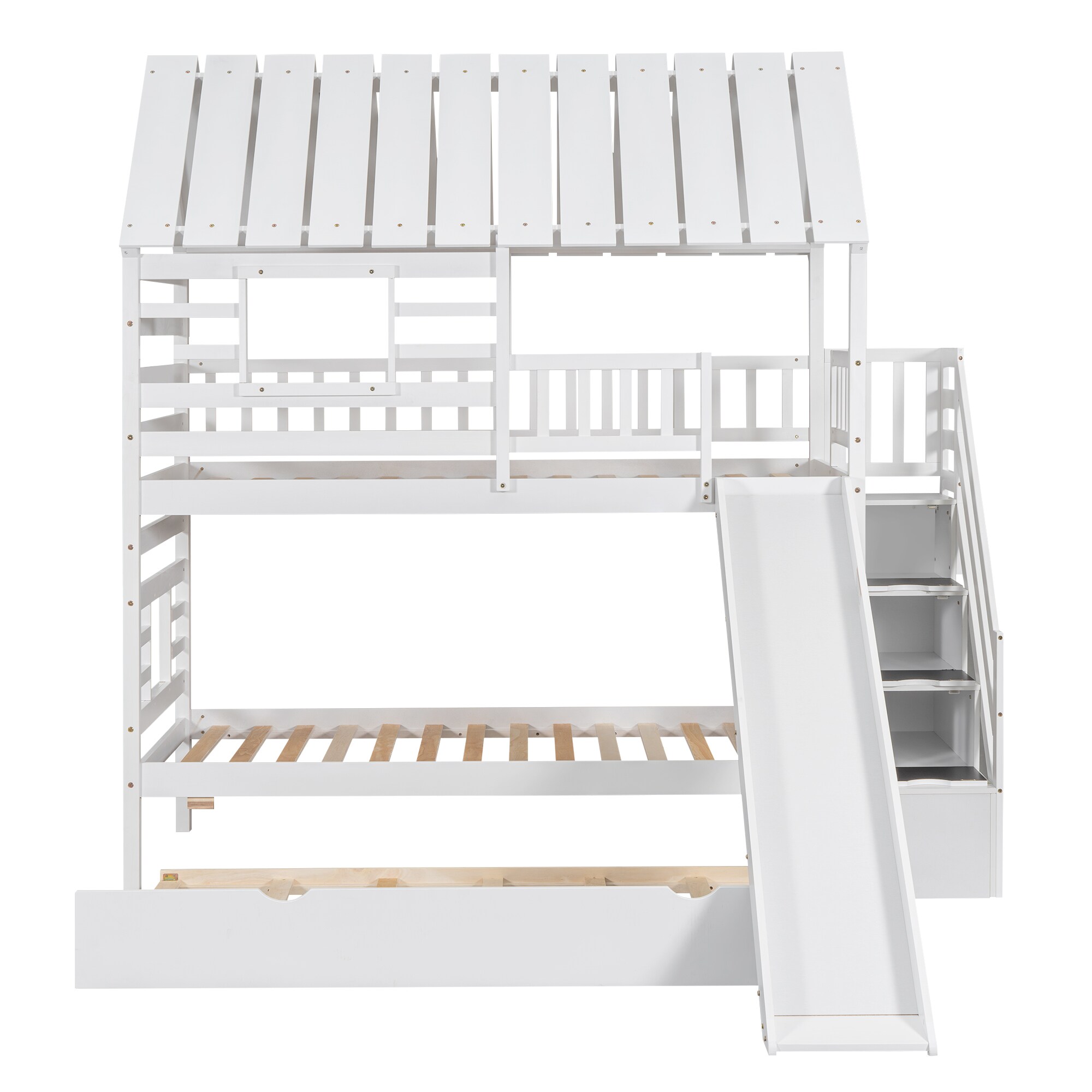 MooxvMoo Twin Over Twin Wooden House Bunk Bed with Pull Out Trundle ...