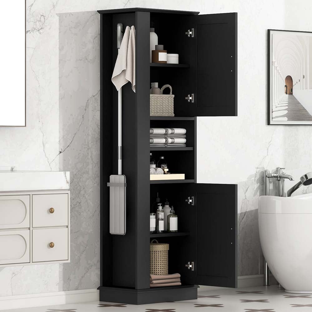 SereneVita 69-inch Tall Narrow Bathroom Storage Cabinet Modern Linen Cabinet with Hook and Adjustable Shelves Freestanding Utility Storage Cabinet for Bathroom Laundry Living Room Black