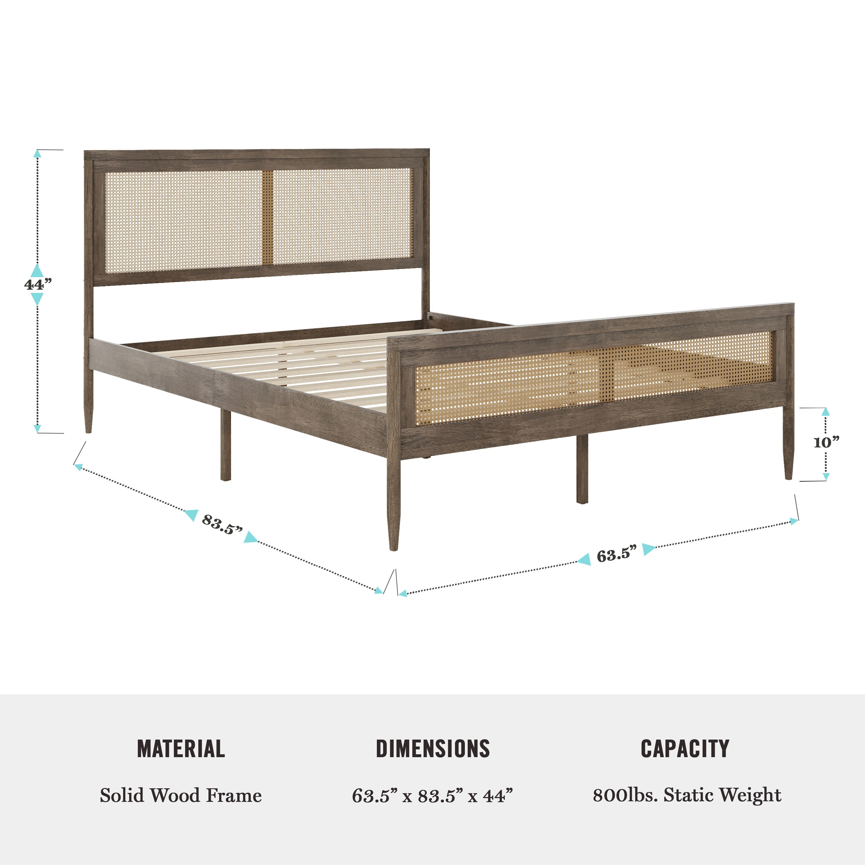 Brown Gray Queen Wood Platform Bed with Rattan Headboard and Footboard