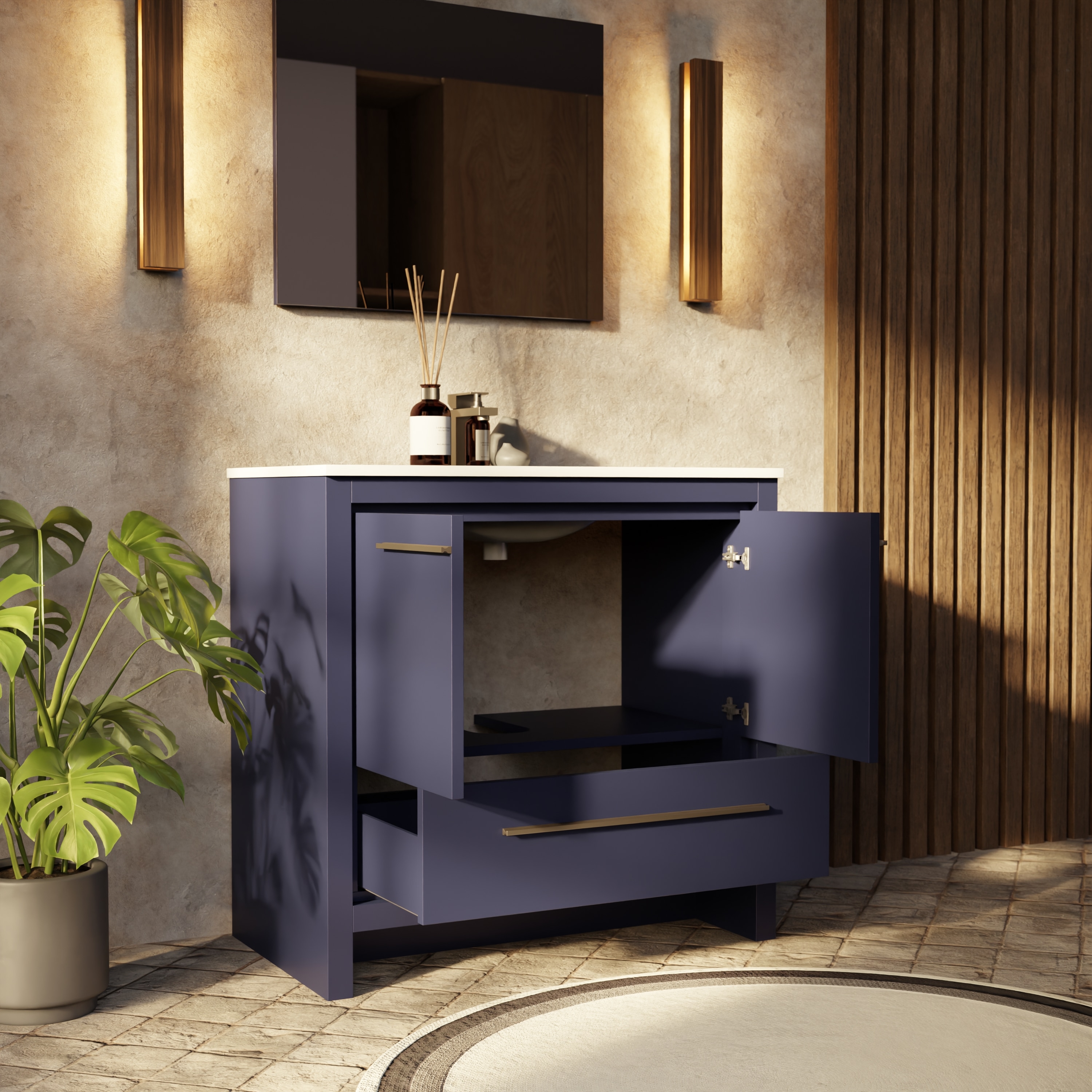 Open drawers and interior storage of navy blue vanity