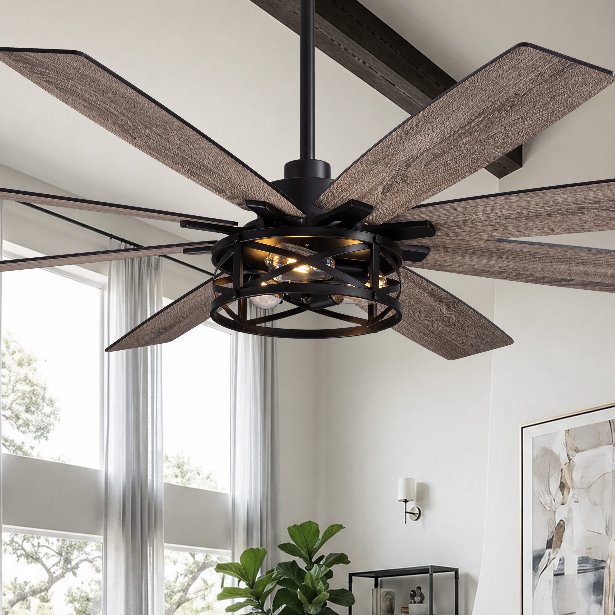 FANNEHONNE 72-In Matte Black Cage Ceiling Fan with Lights 8 Blade Dual Finish Remote DC Motor for Living Room Bedroom Patio