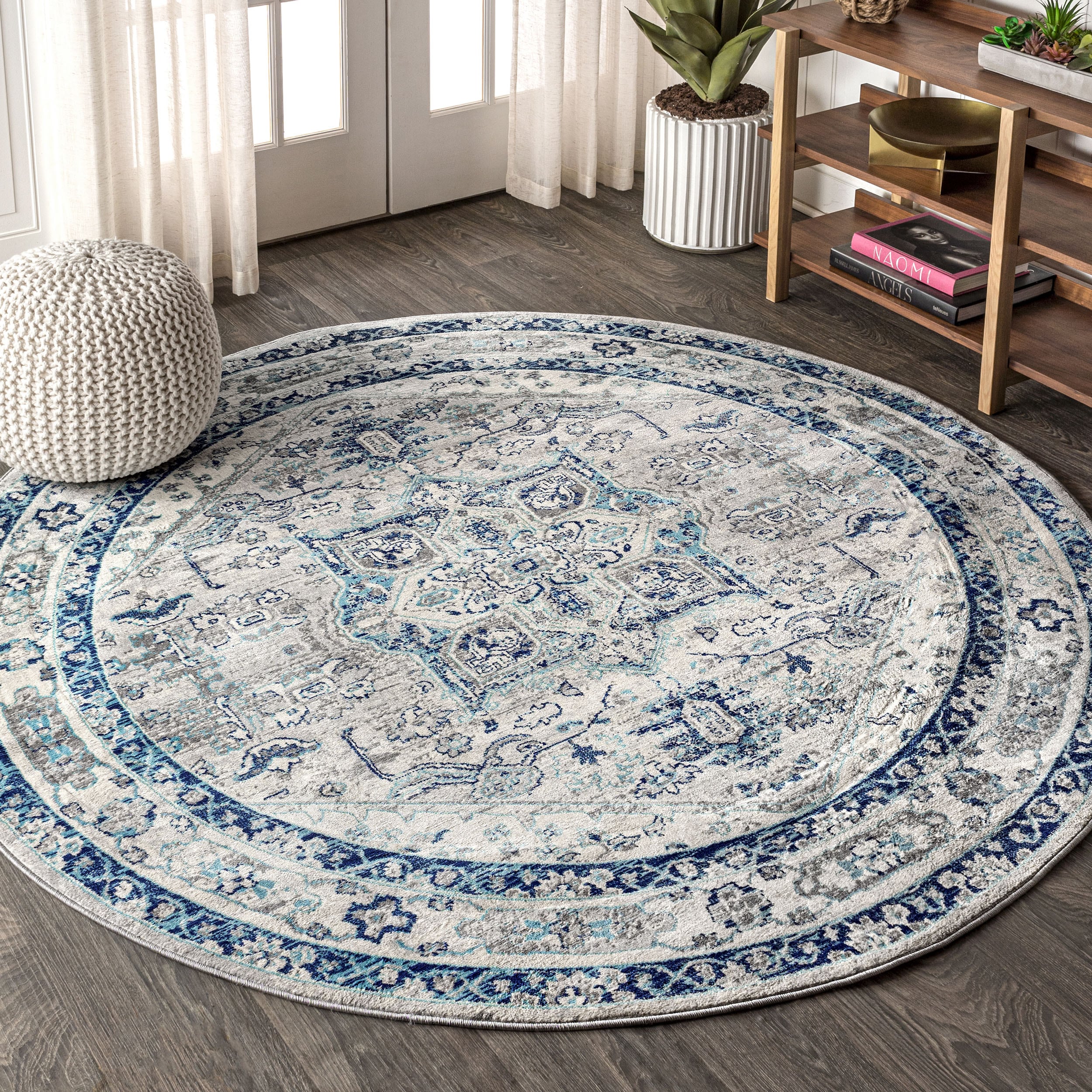 JONATHAN  Y MDP106A-5R MODERN PERSIAN Vintage Medallion 5 x 5 (ft) Loomed Polypropylene Light Grey/Blue Round Indoor Medallion Persian Area rug